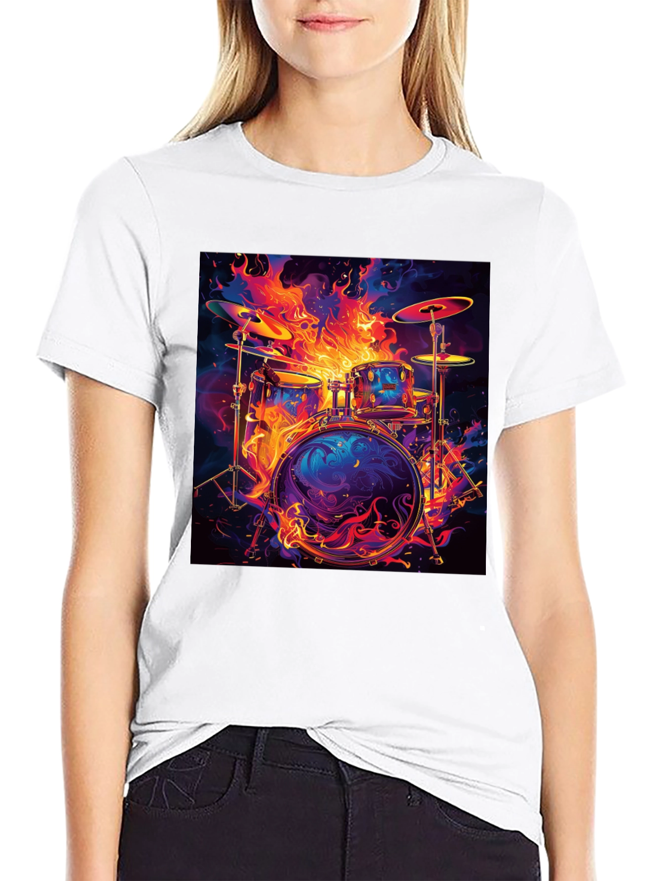 Fiery Drum Set Graphic Tee - Black Cotton T-Shirt