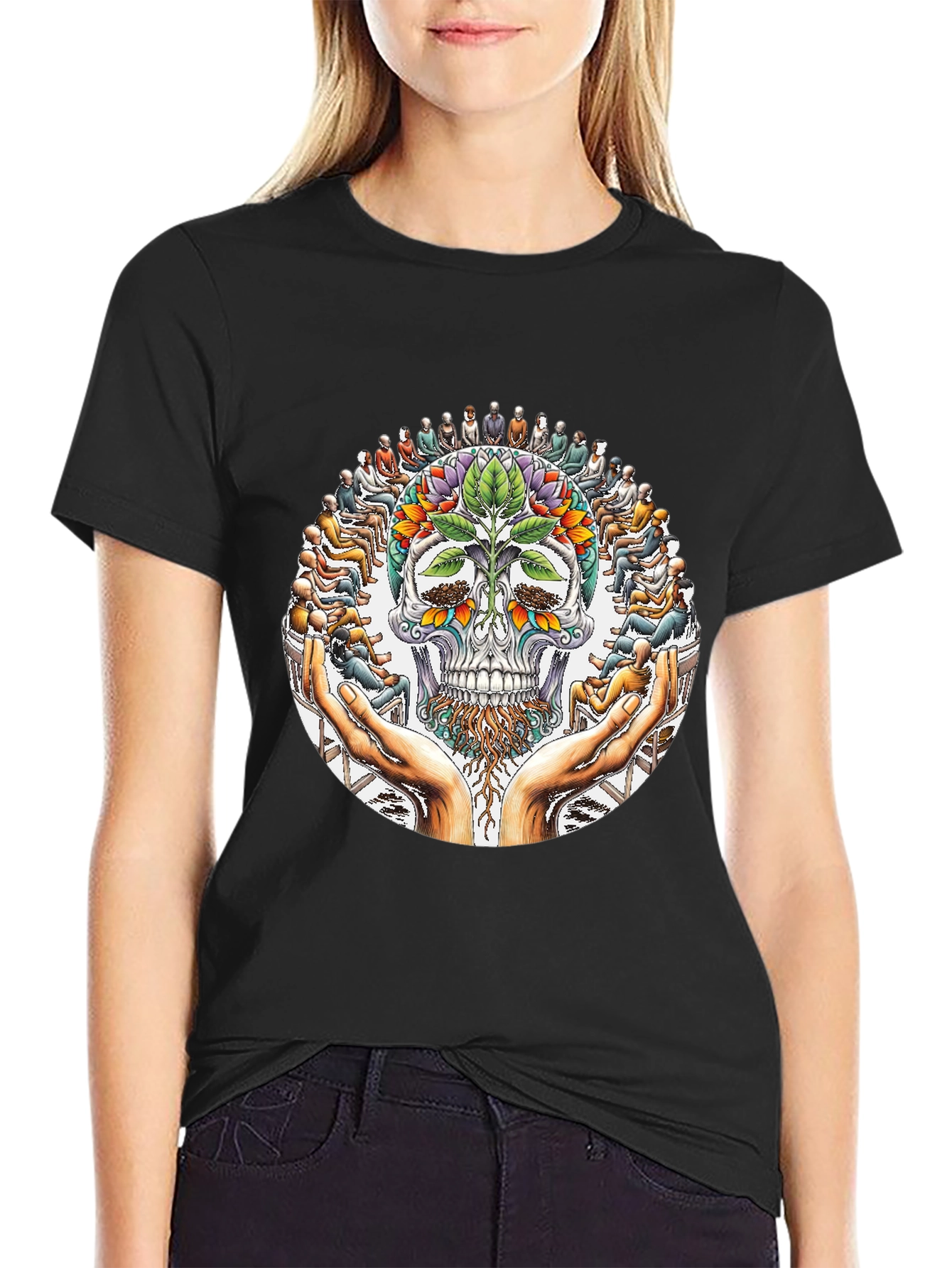 Floral Skull Graphic Tee - Spiritual Design
