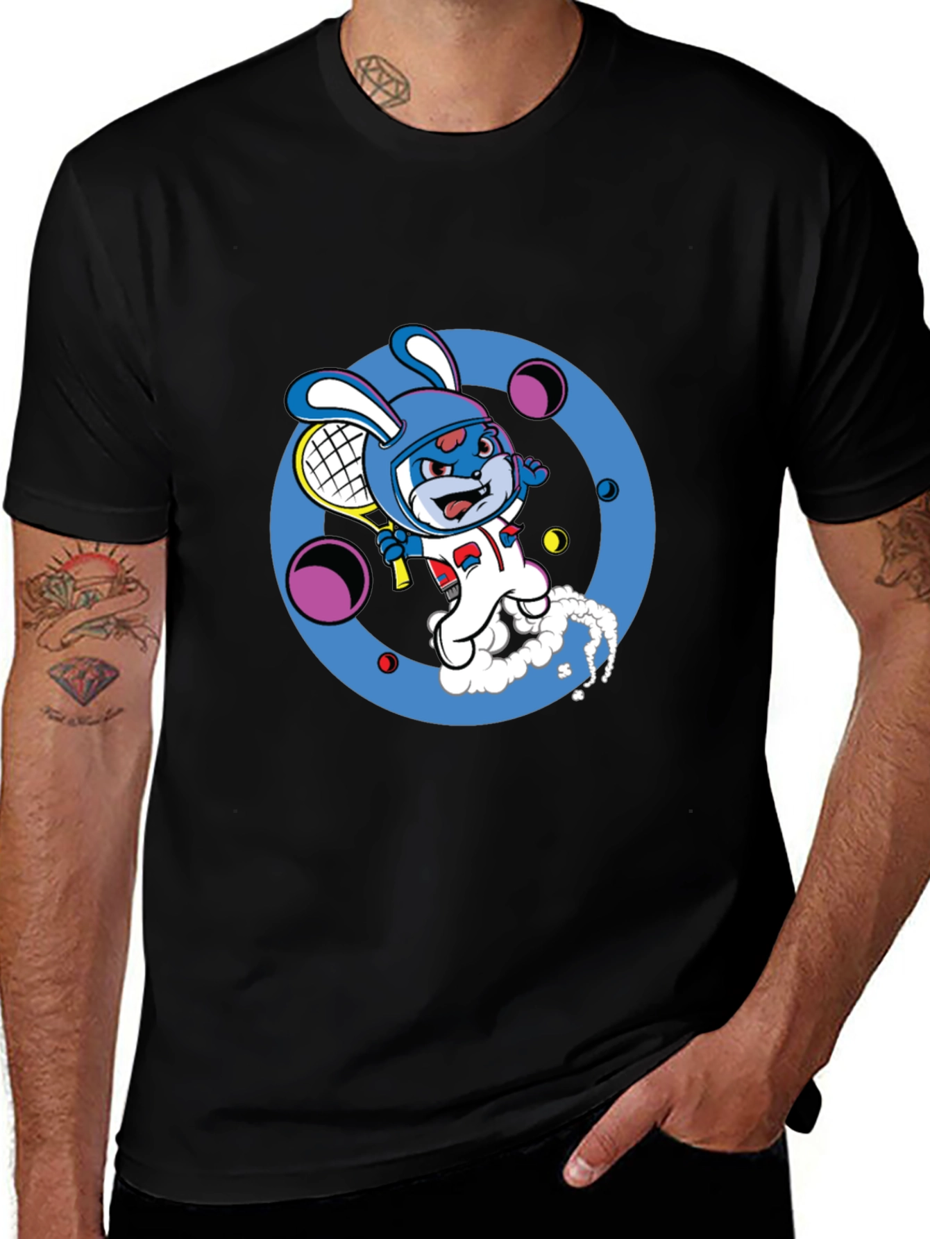 Cartoon Bunny Tennis Player Black Tee