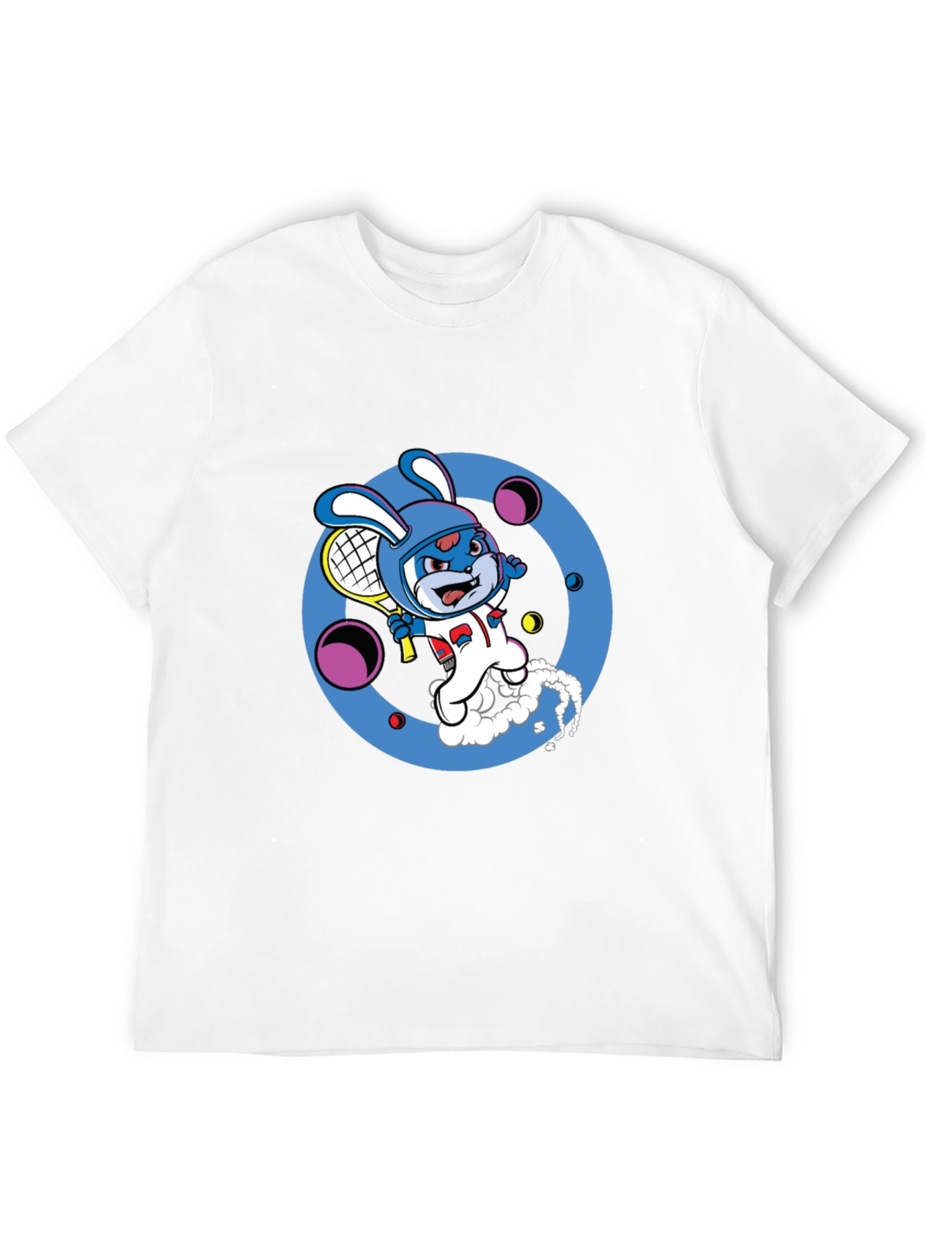 Cartoon Bunny Tennis Player Black Tee