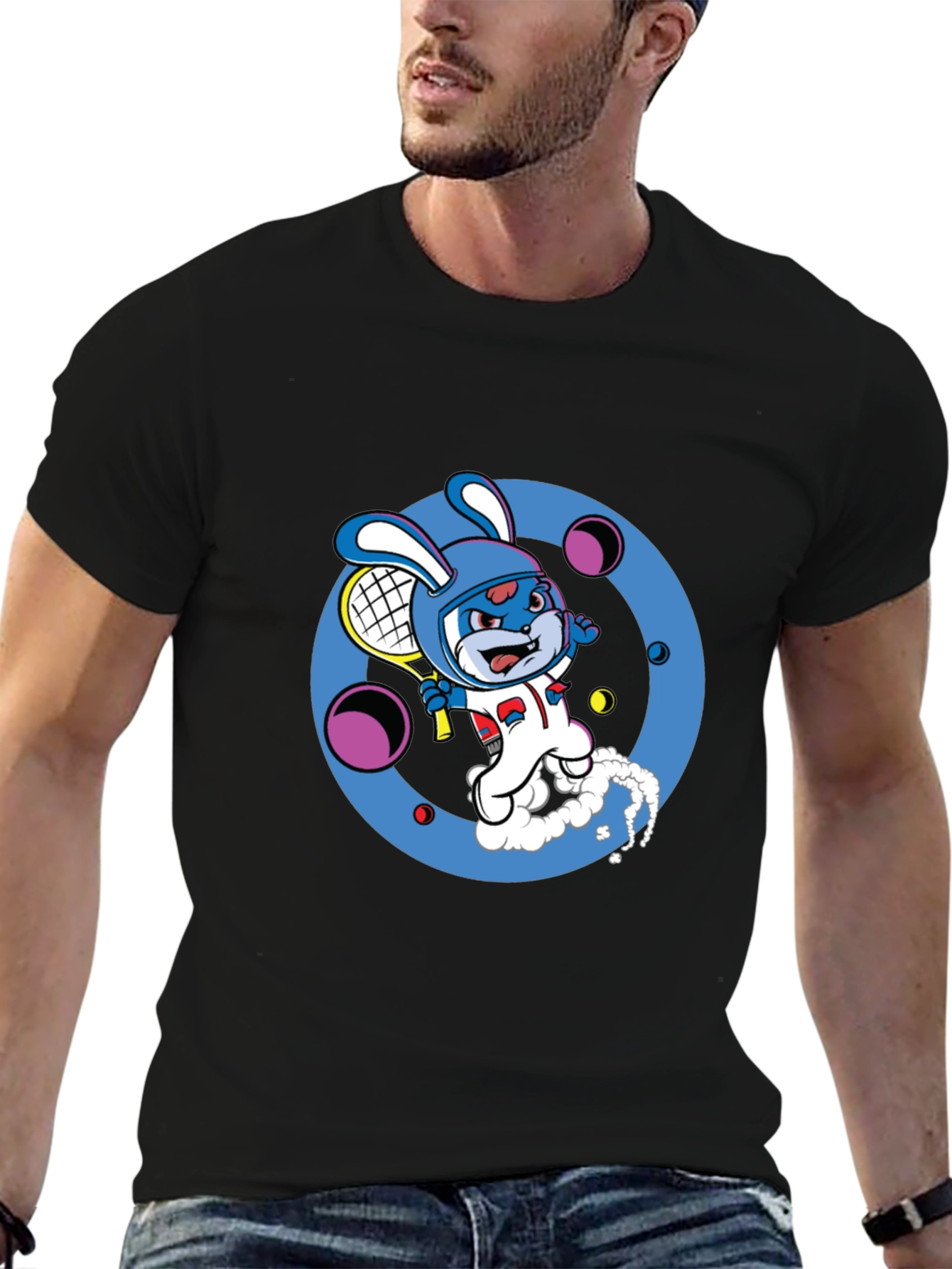 Cartoon Bunny Tennis Player Black Tee