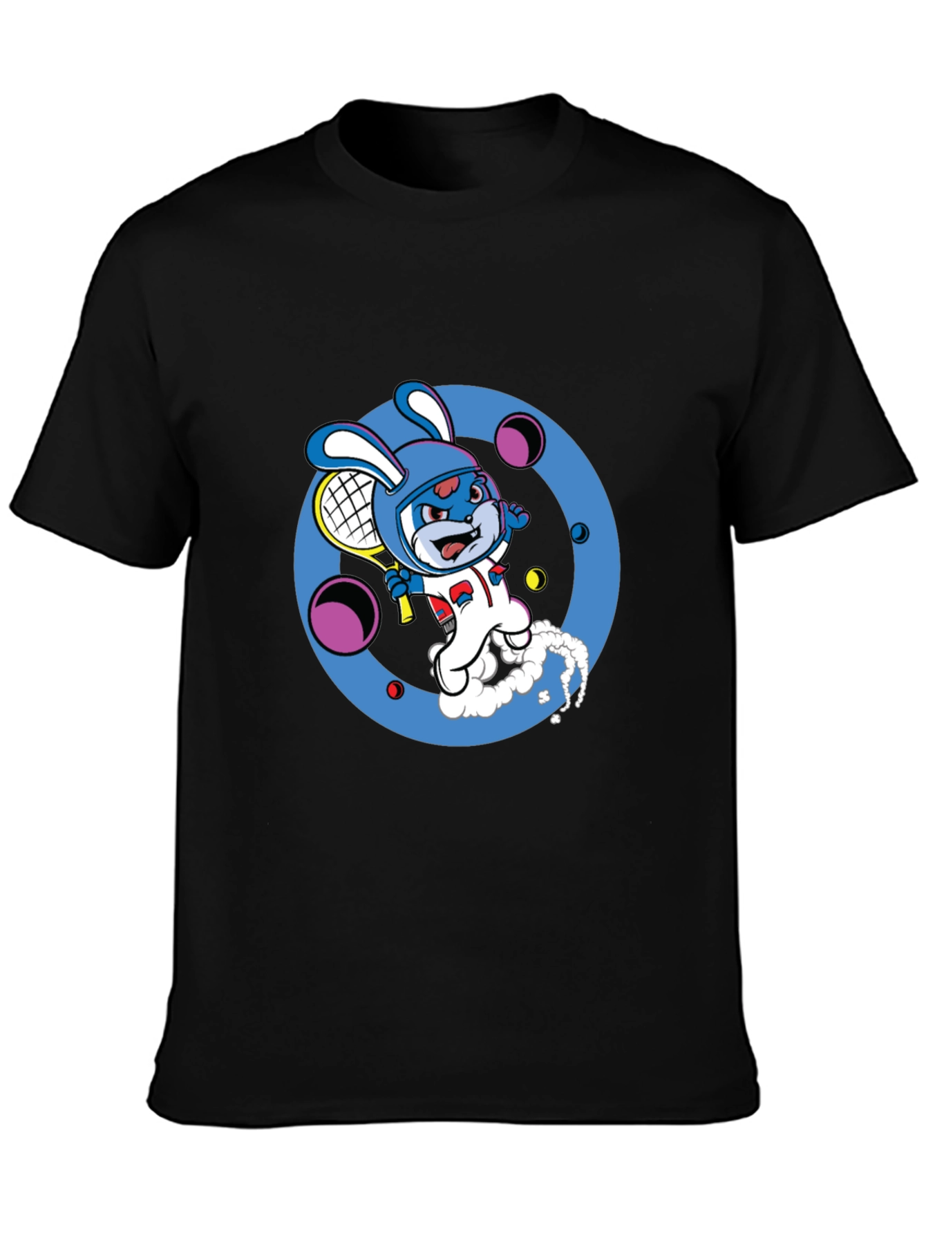 Cartoon Bunny Tennis Player Black Tee