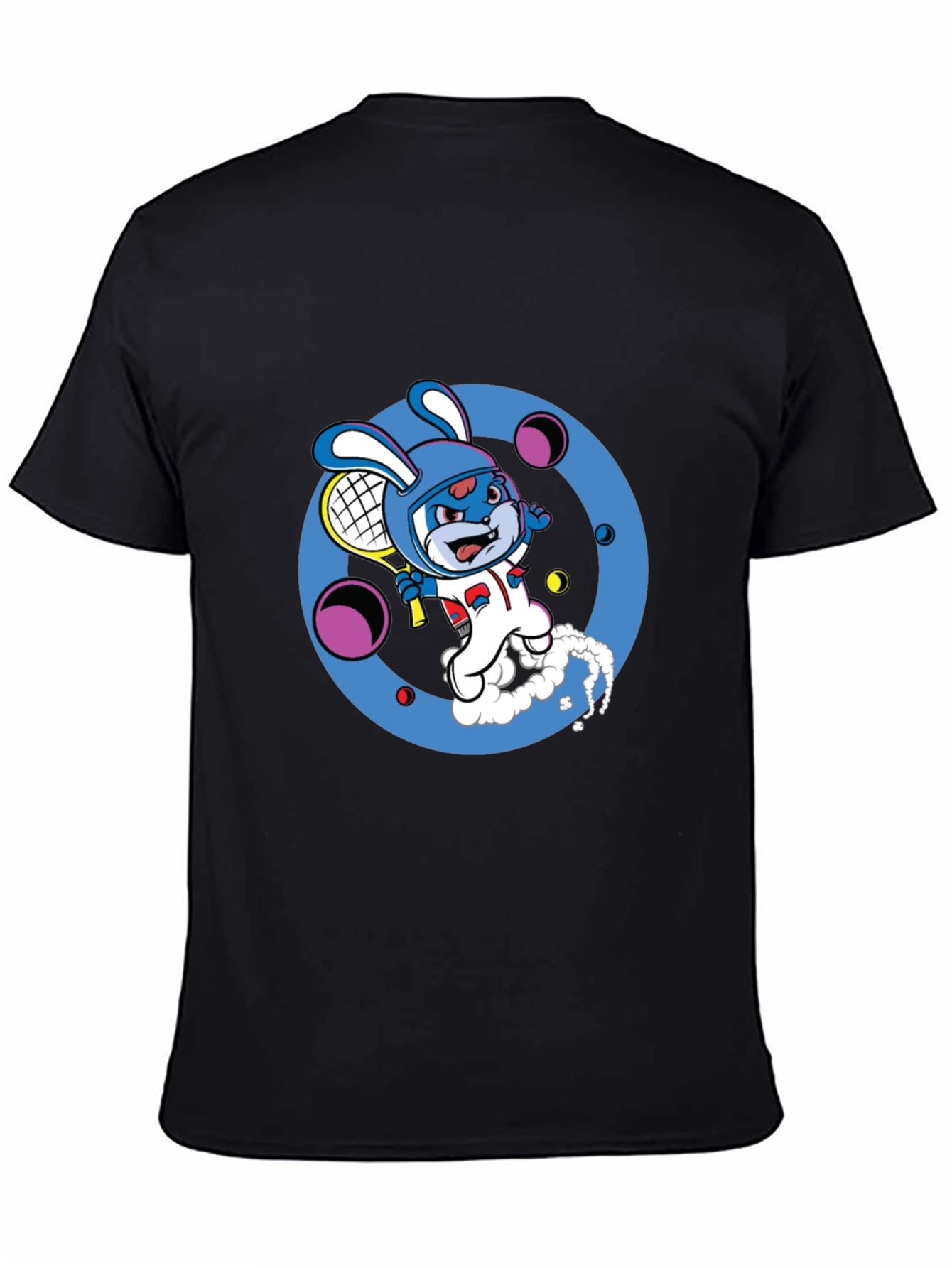 Cartoon Bunny Tennis Player Black Tee