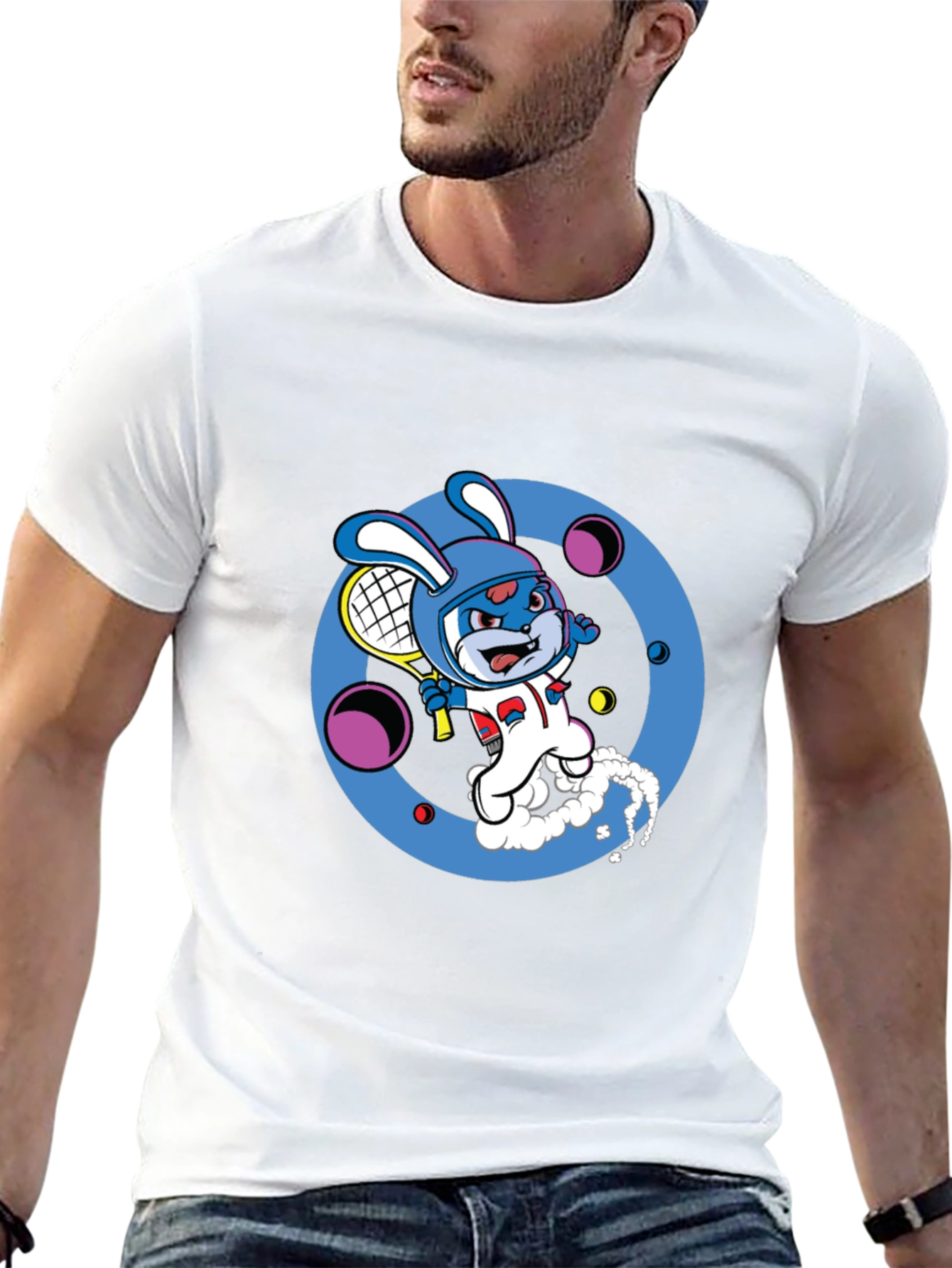 Cartoon Bunny Tennis Player Black Tee
