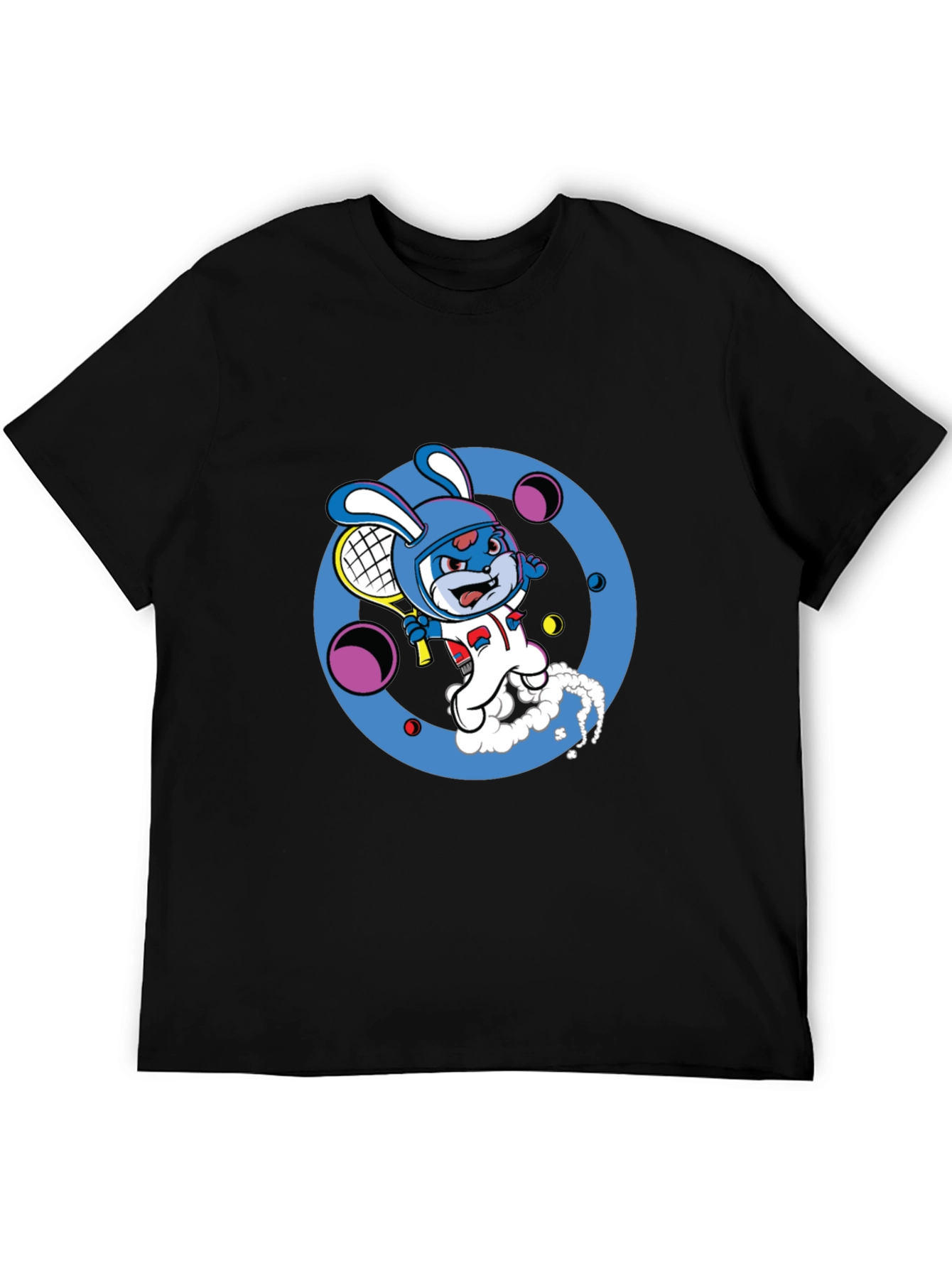 Cartoon Bunny Tennis Player Black Tee