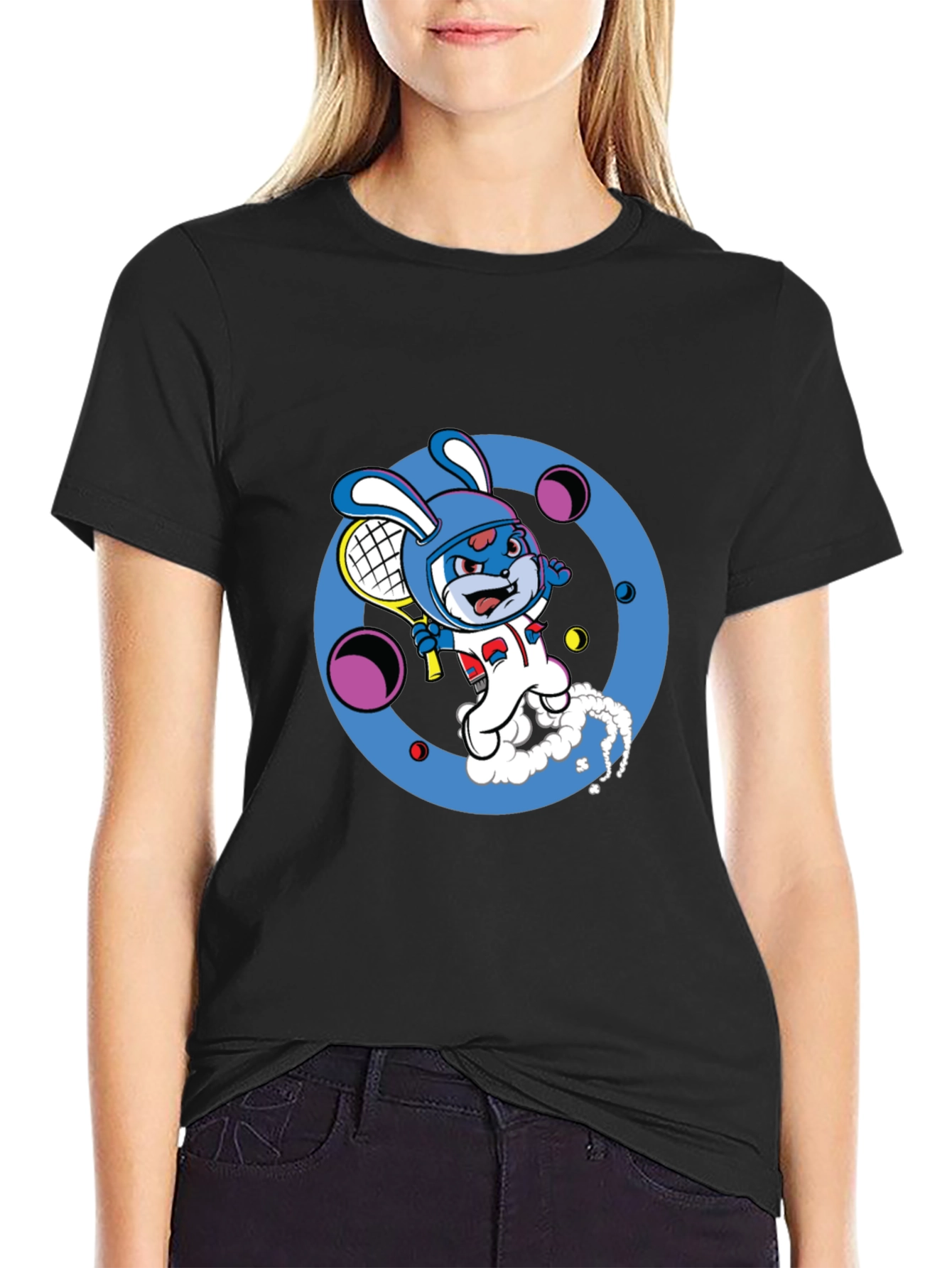 Cartoon Bunny Tennis Player Black Tee