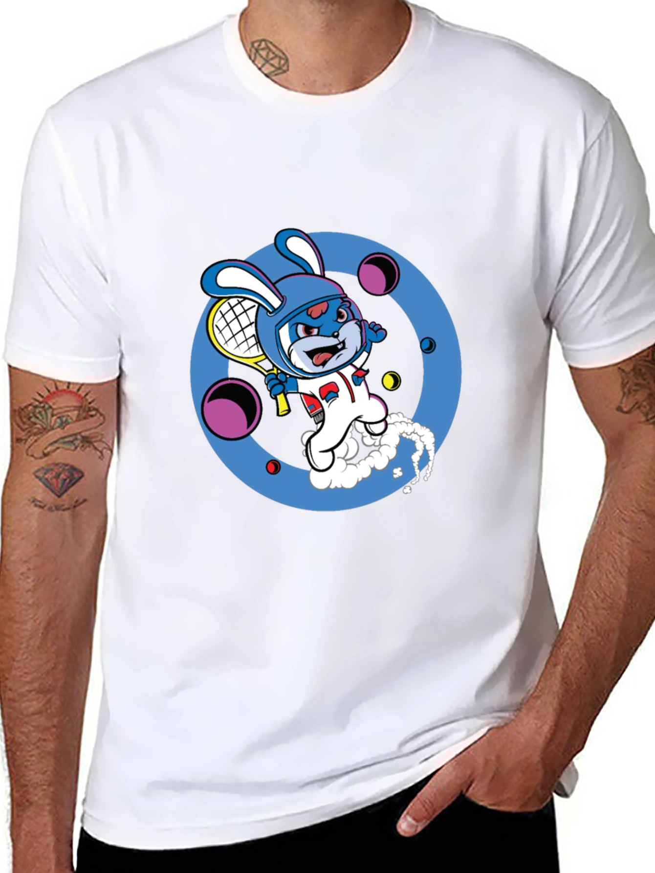 Cartoon Bunny Tennis Player Black Tee