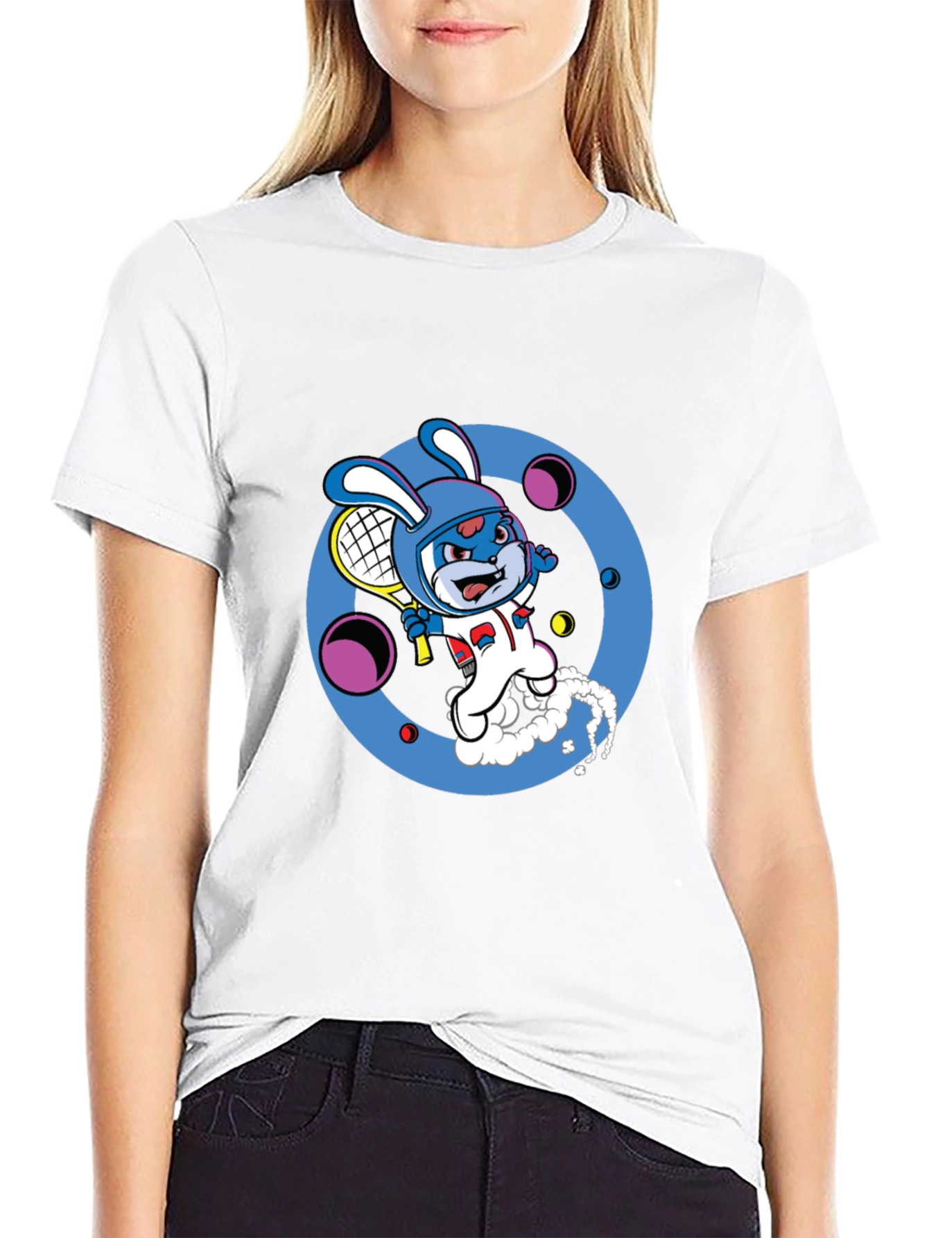 Cartoon Bunny Tennis Player Black Tee