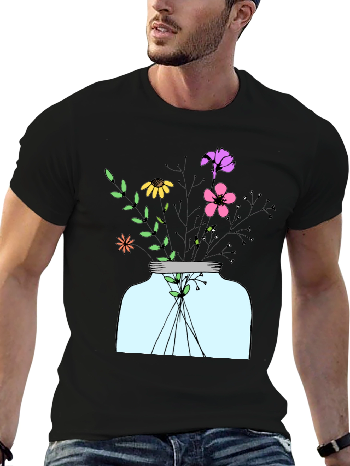 Floral Jar Graphic Tee - Mens Black T-Shirt