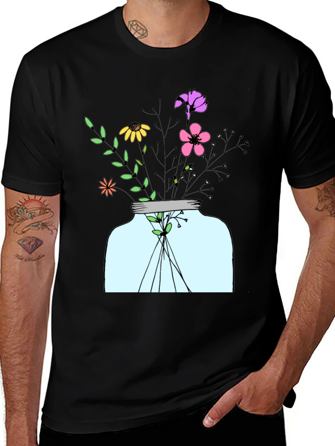Floral Jar Graphic Tee - Mens Black T-Shirt