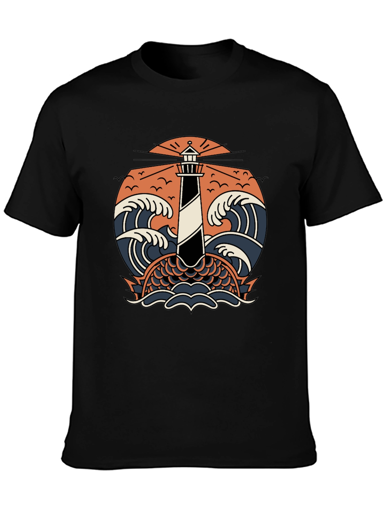 Lighthouse & Waves Graphic Tee - Black Cotton Shirt