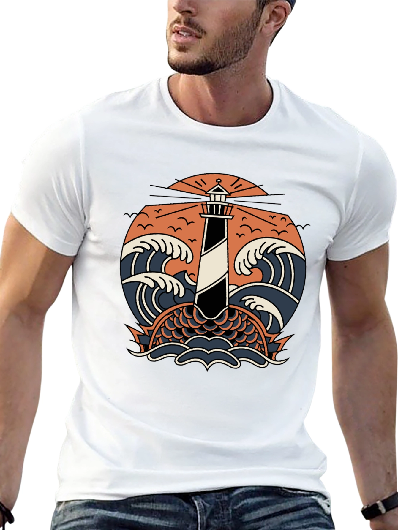 Lighthouse & Waves Graphic Tee - Black Cotton Shirt