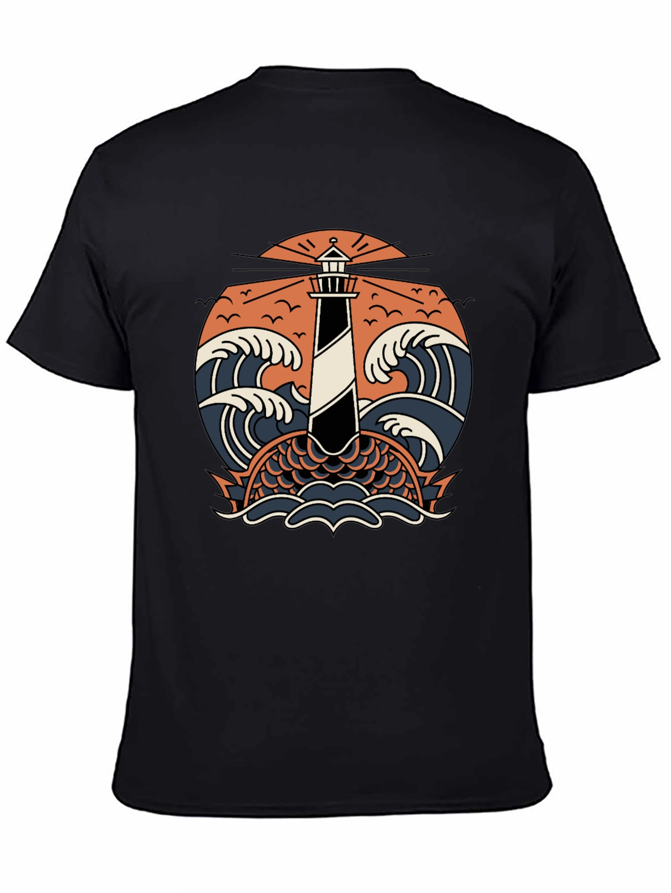 Lighthouse & Waves Graphic Tee - Black Cotton Shirt