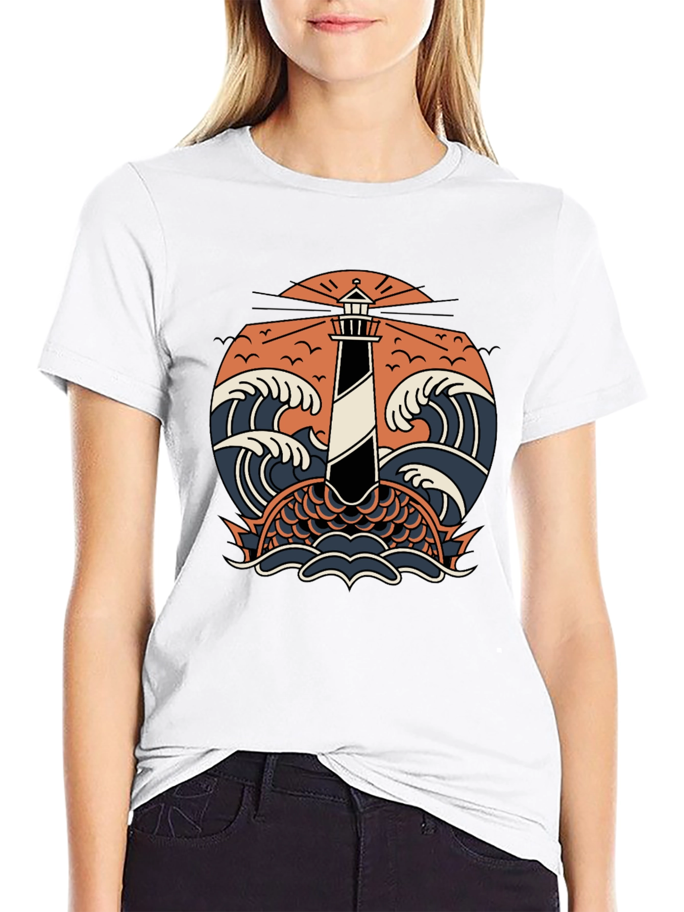 Lighthouse & Waves Graphic Tee - Black Cotton Shirt