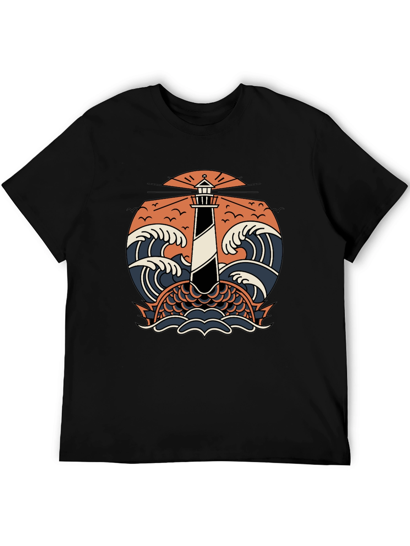 Lighthouse & Waves Graphic Tee - Black Cotton Shirt