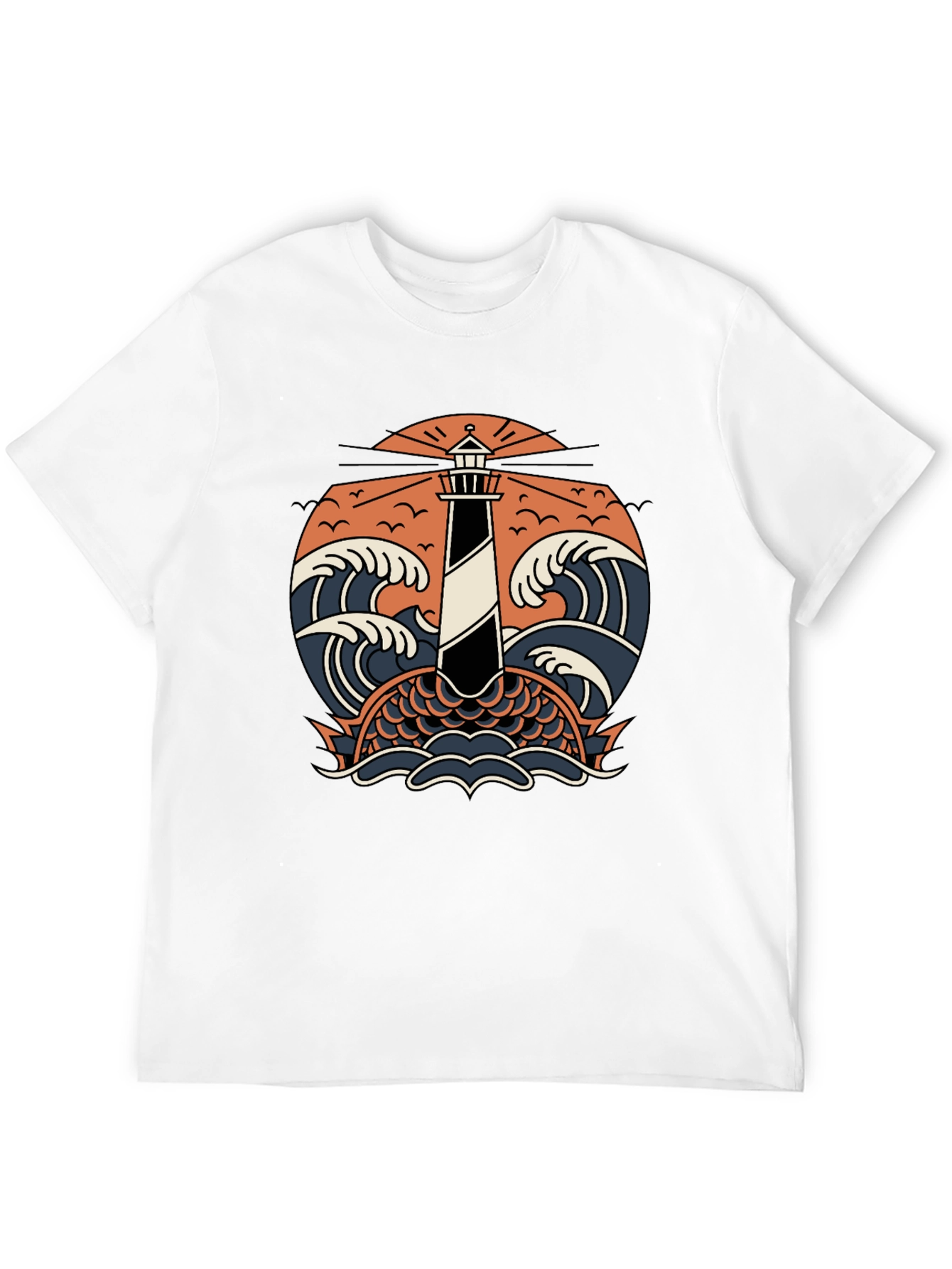 Lighthouse & Waves Graphic Tee - Black Cotton Shirt