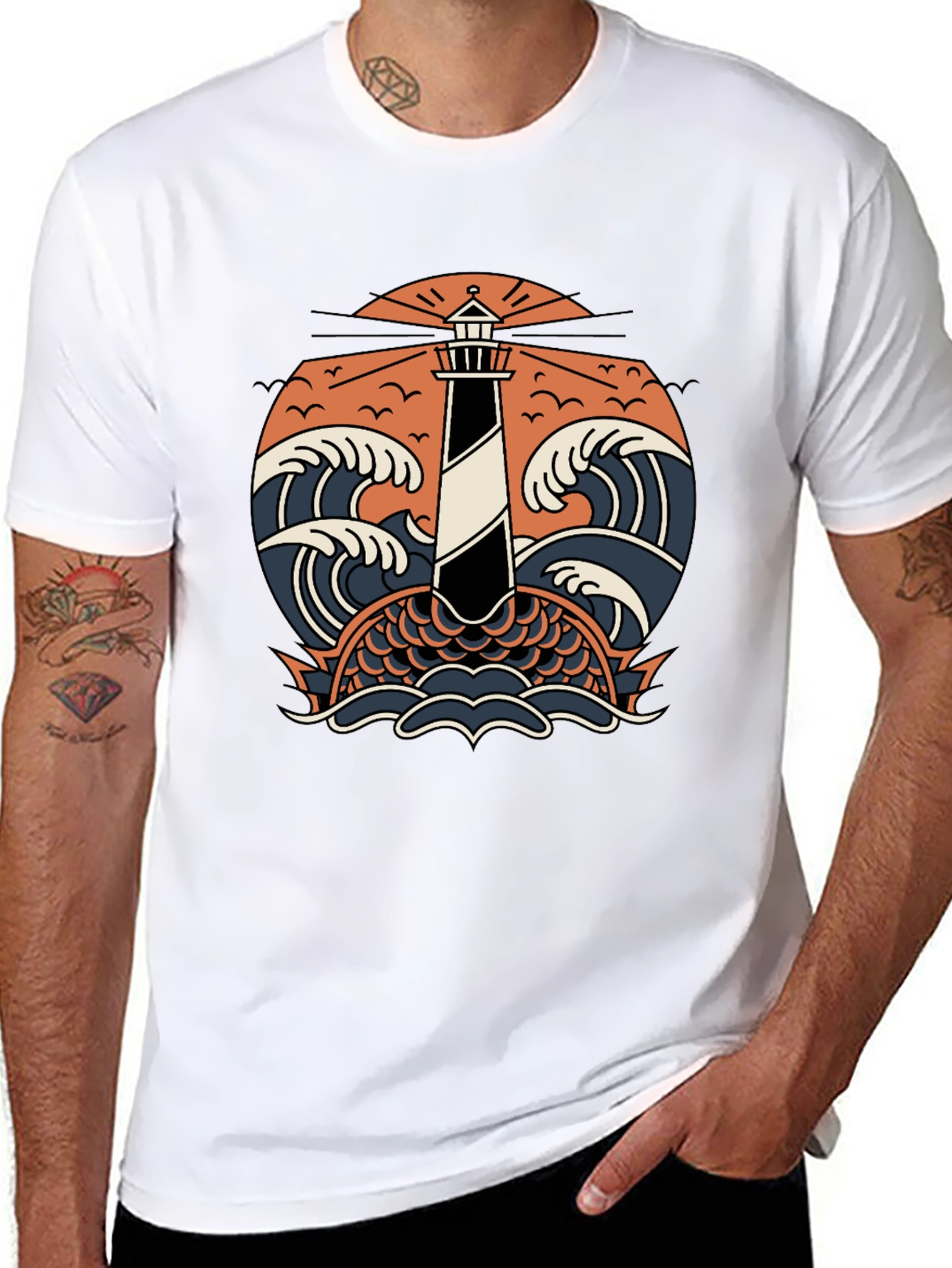 Lighthouse & Waves Graphic Tee - Black Cotton Shirt