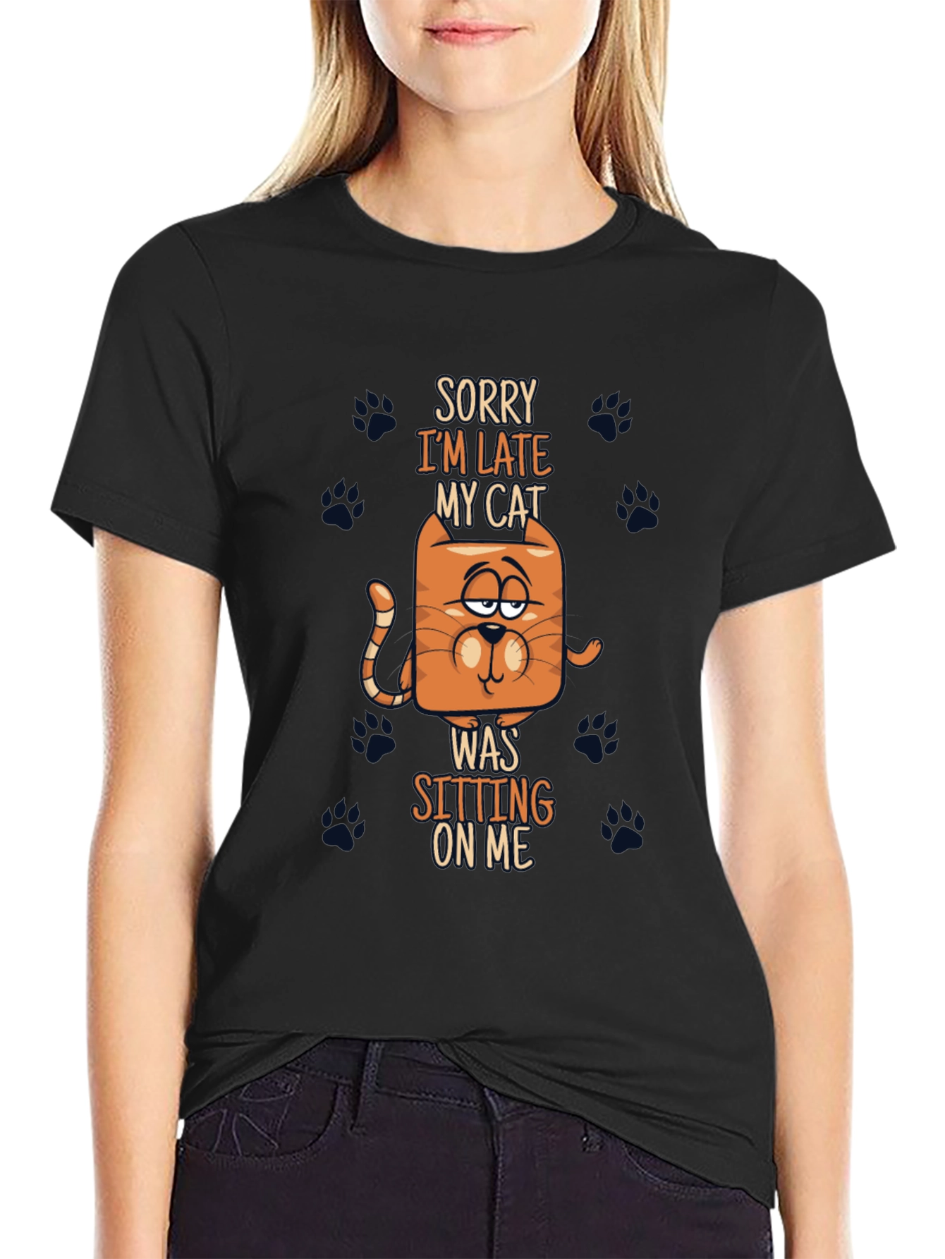 Funny Cat Graphic Tee - Sorry Im Late