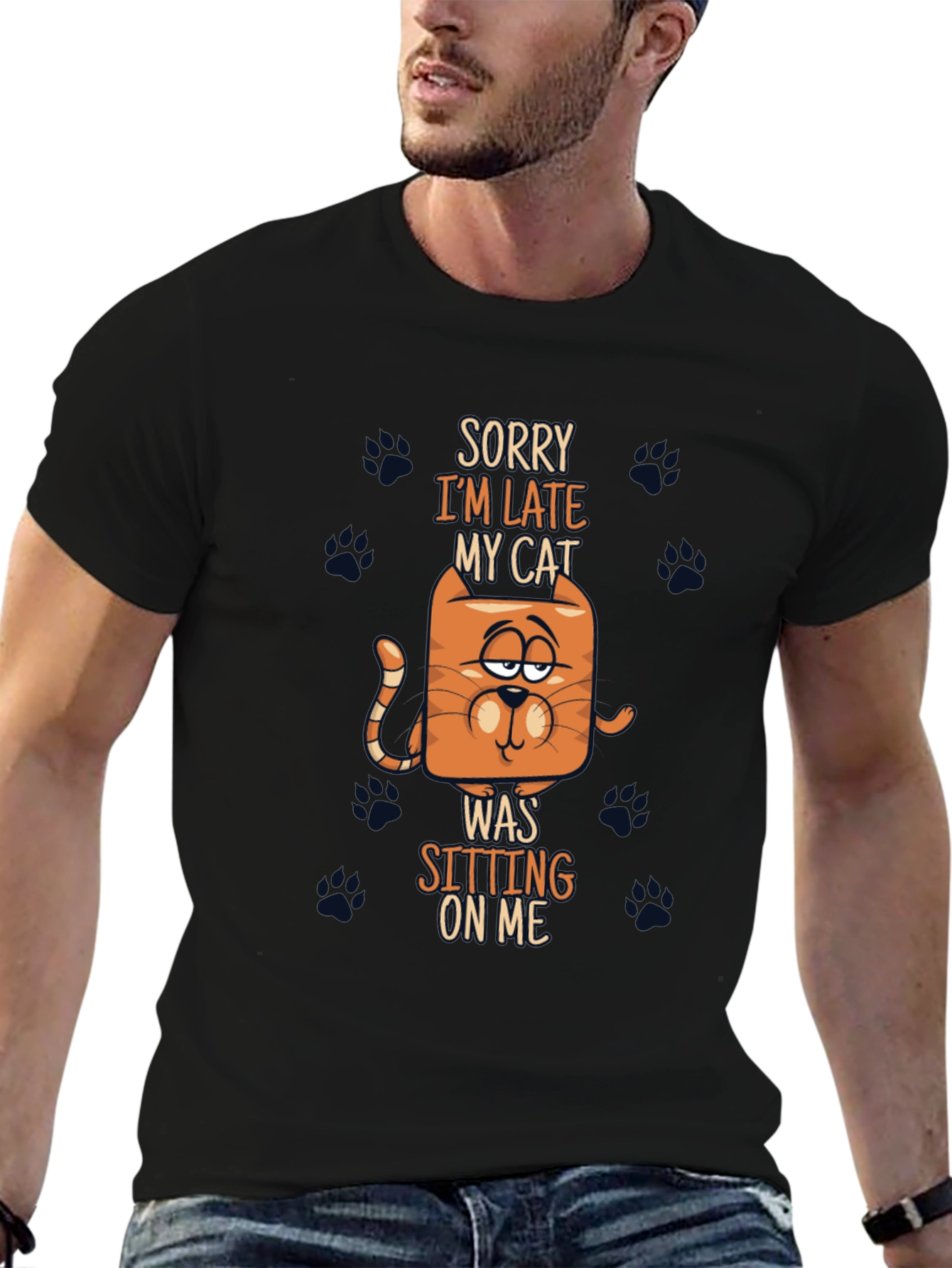 Funny Cat Graphic Tee - Sorry Im Late
