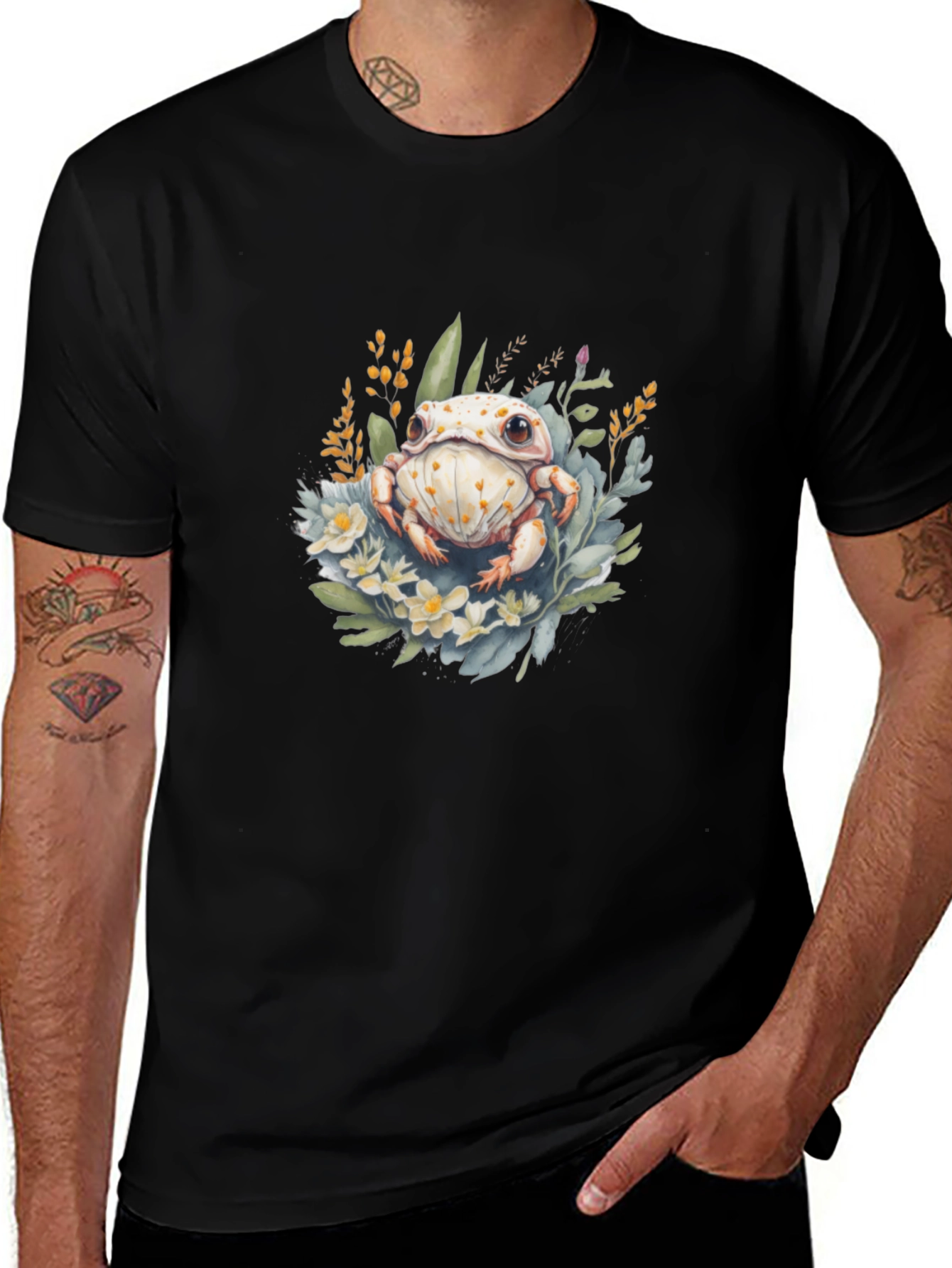 Floral Frog Graphic T-Shirt - Black Cotton Tee