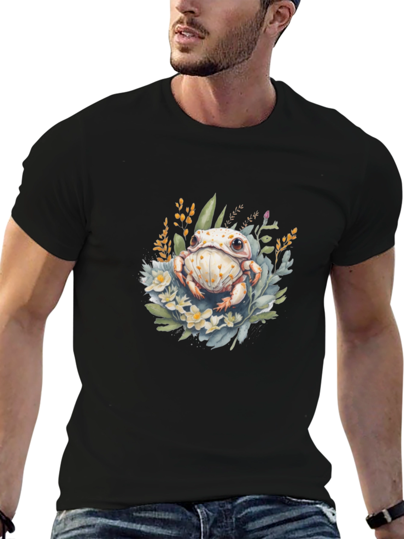Floral Frog Graphic T-Shirt - Black Cotton Tee
