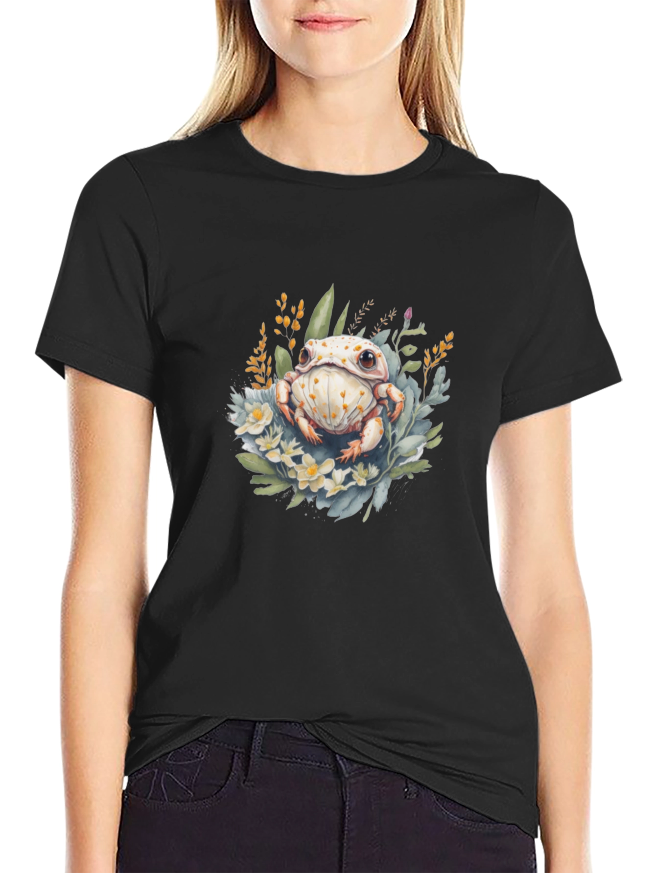 Floral Frog Graphic T-Shirt - Black Cotton Tee