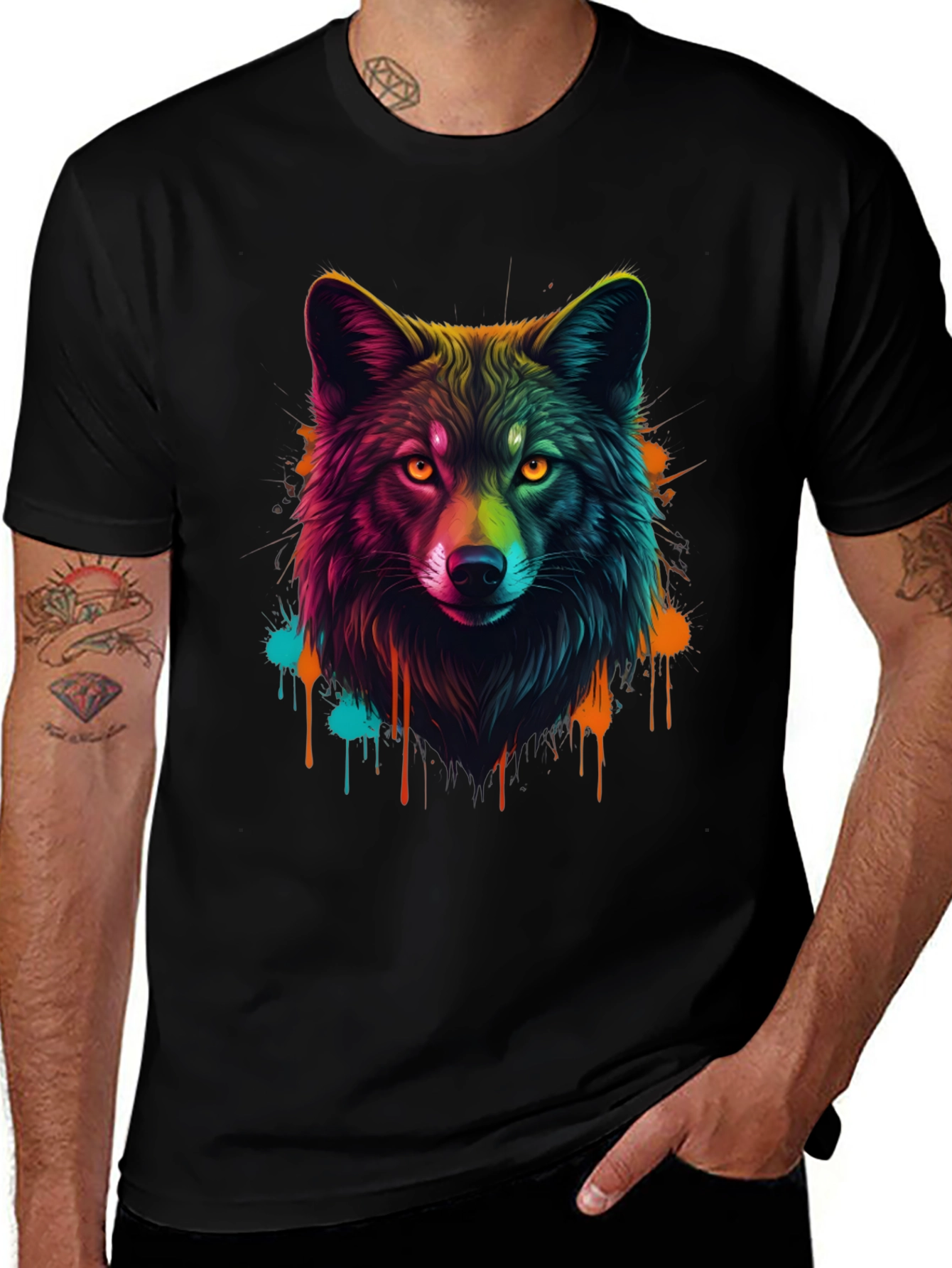Vibrant Wolf Graphic Tee - Mens Black T-Shirt