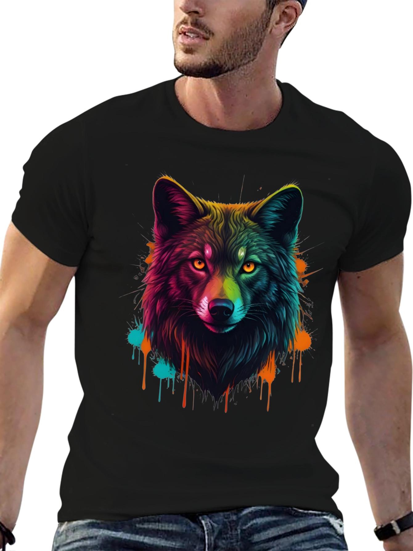 Vibrant Wolf Graphic Tee - Mens Black T-Shirt