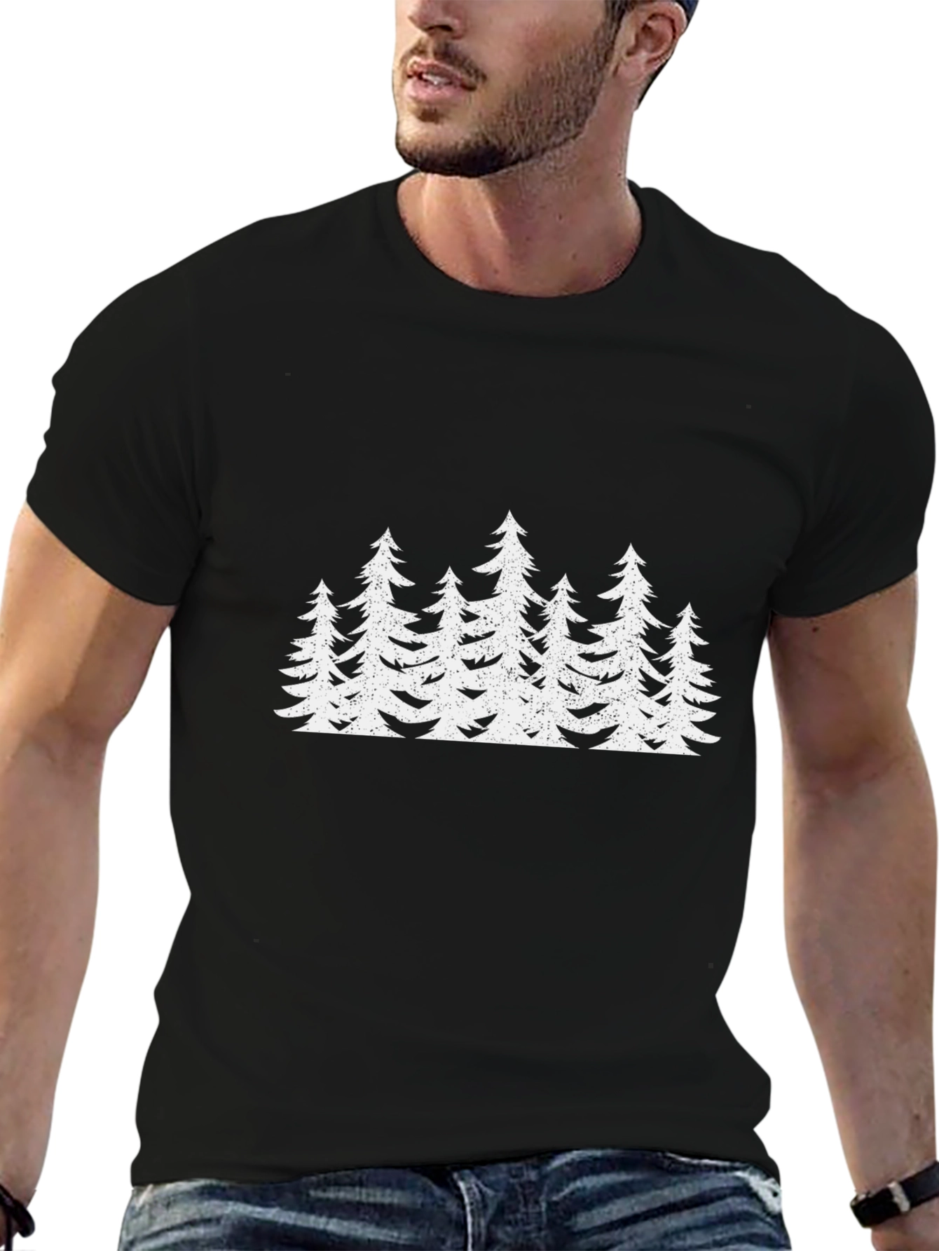 Mens Black T-Shirt with White Forest Tree Design