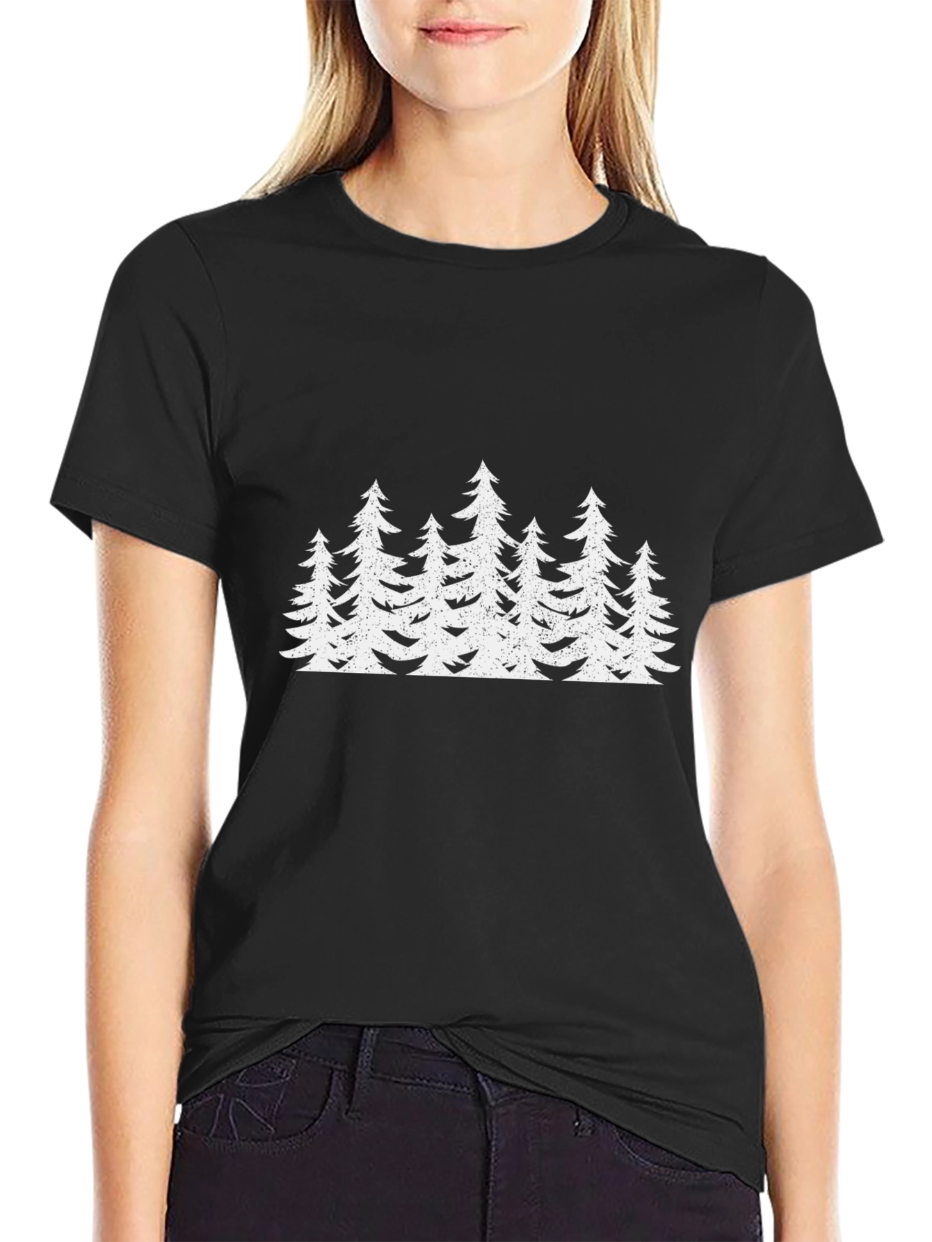 Mens Black T-Shirt with White Forest Tree Design