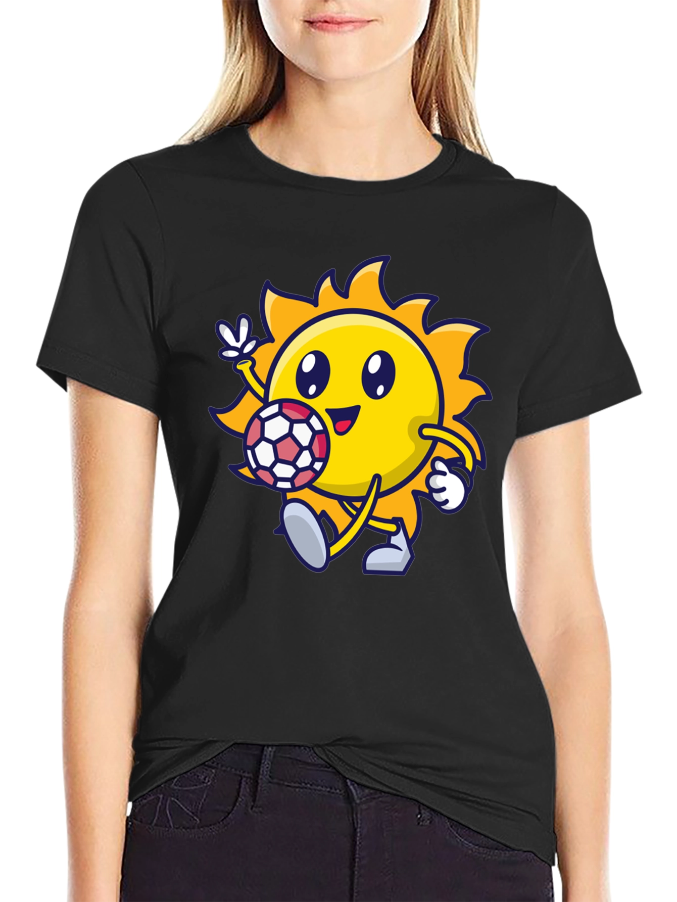 Cartoon Sun Soccer Black T-Shirt