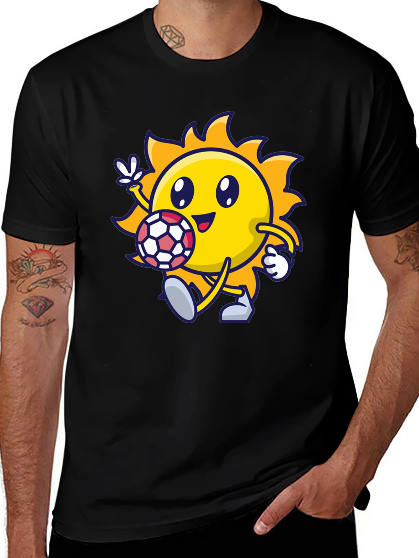 Cartoon Sun Soccer Black T-Shirt
