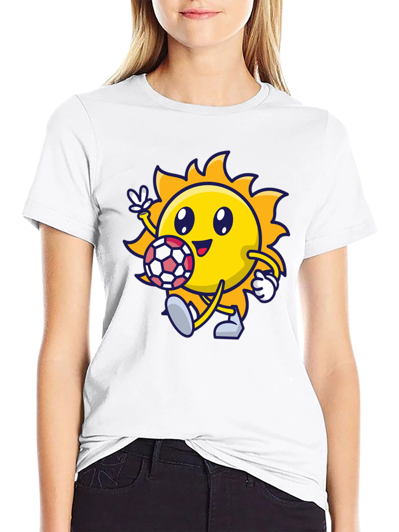 Cartoon Sun Soccer Black T-Shirt