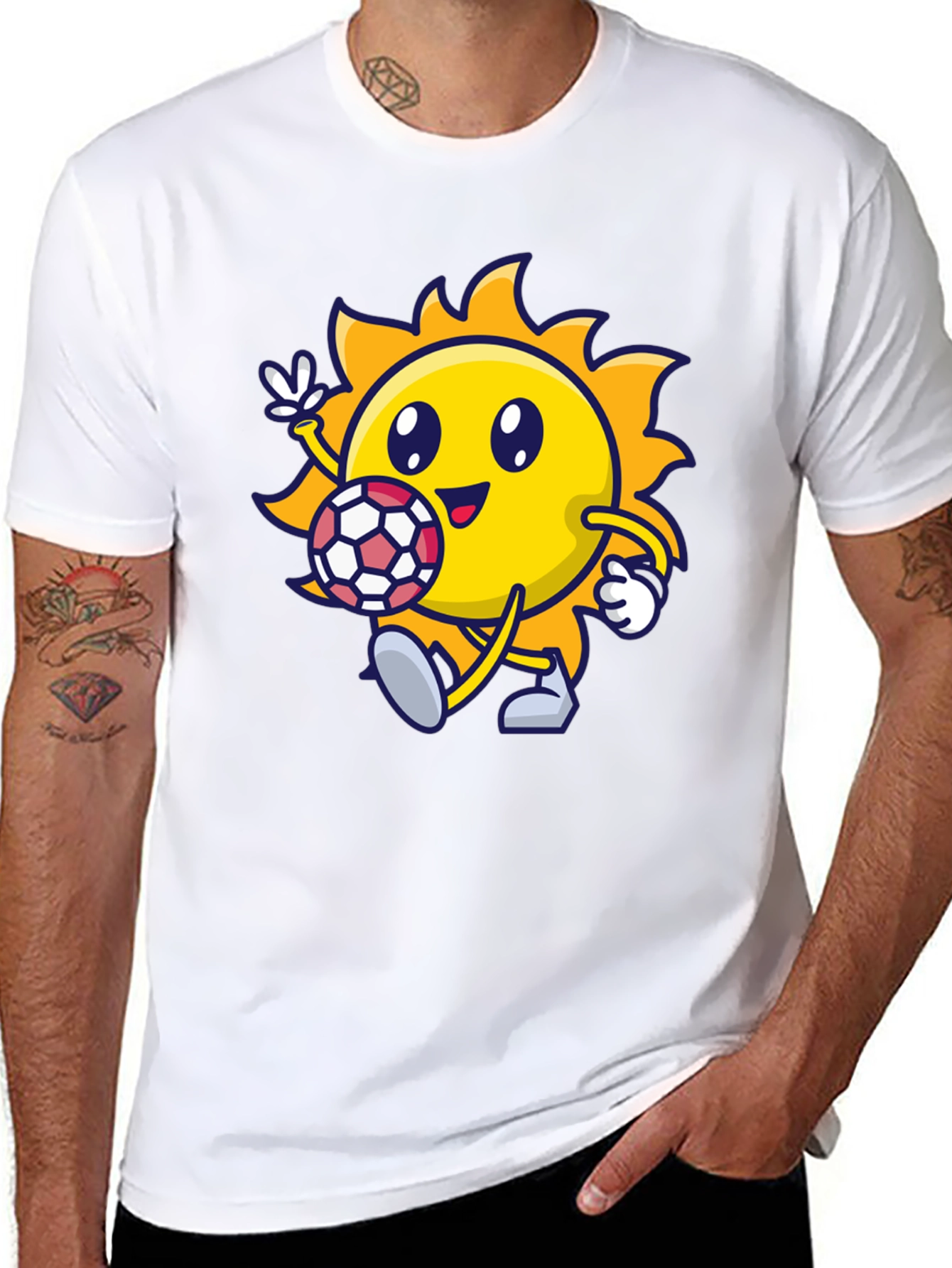 Cartoon Sun Soccer Black T-Shirt
