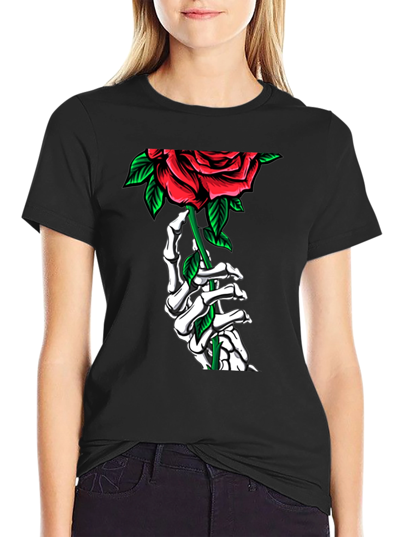 Skeleton Hand Rose Graphic Tee - Gothic Style