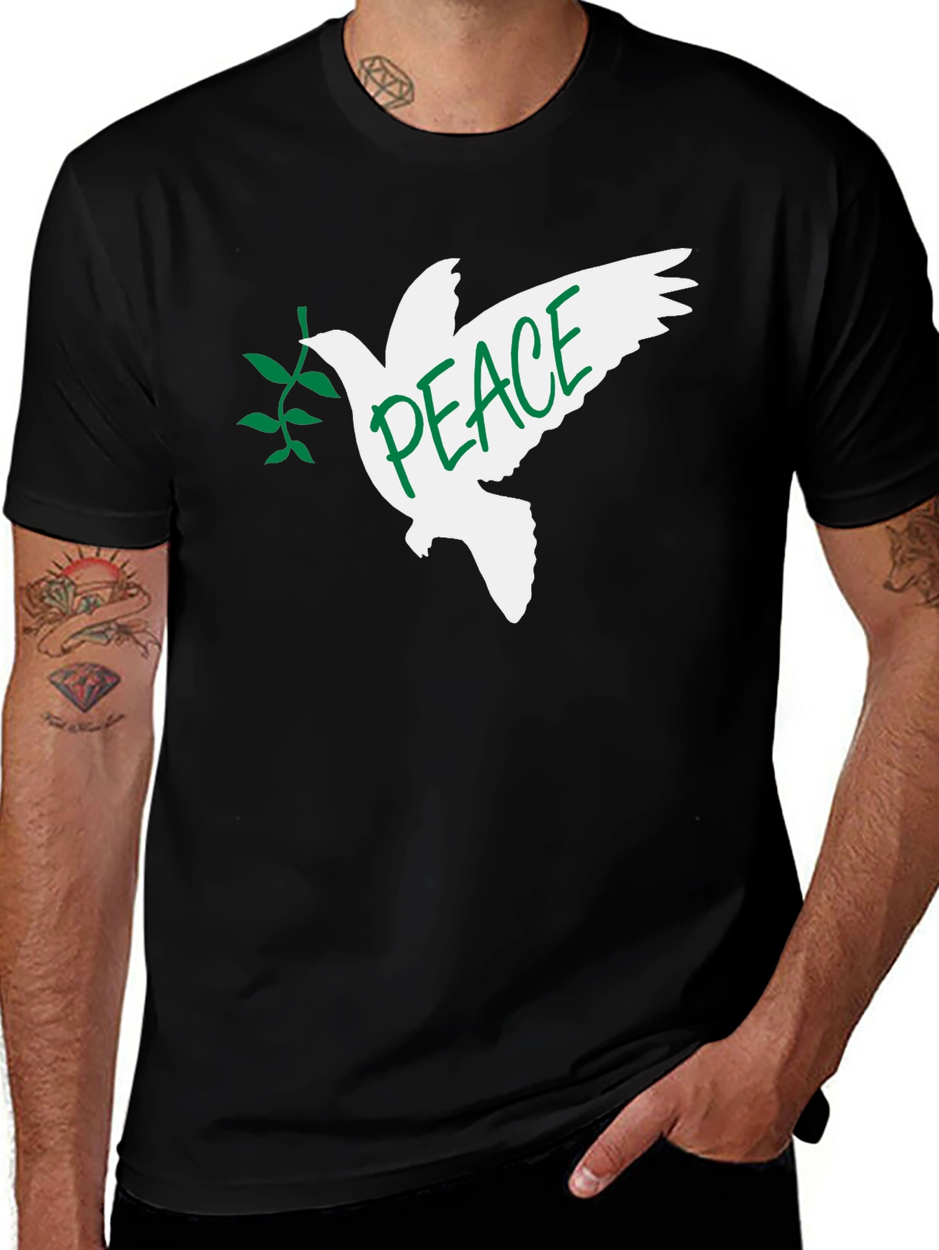 Peace Dove Graphic T-Shirt - Black Crew Neck