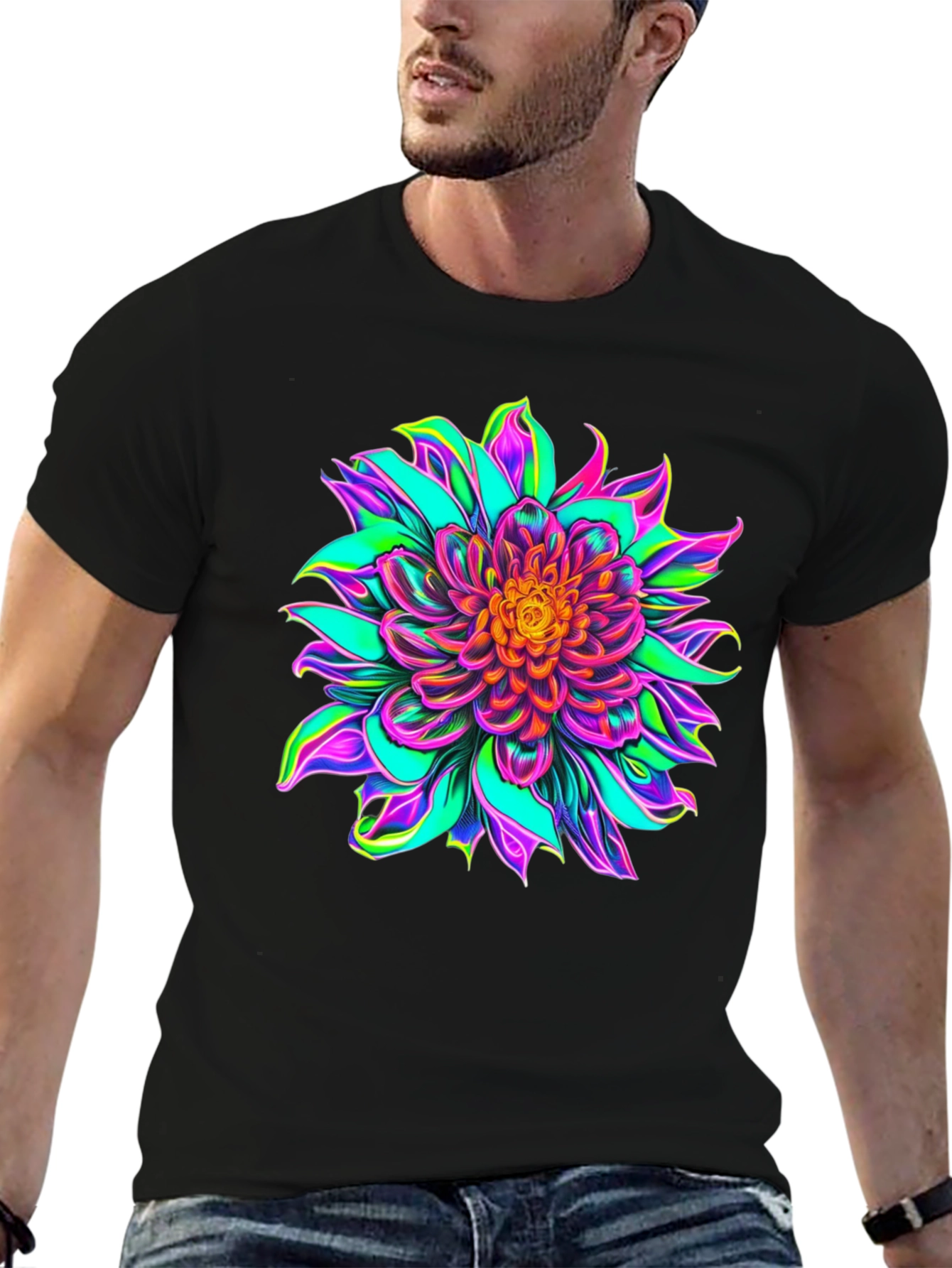 Vibrant Floral Graphic Black T-Shirt