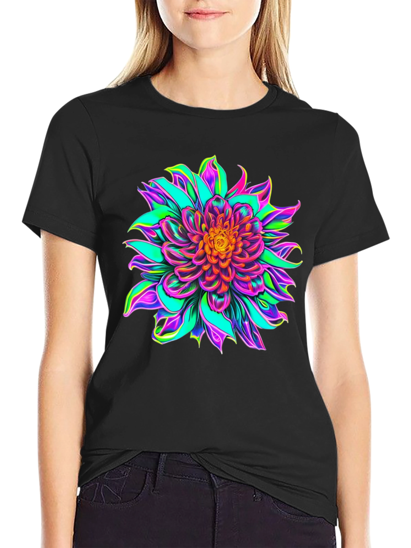 Vibrant Floral Graphic Black T-Shirt