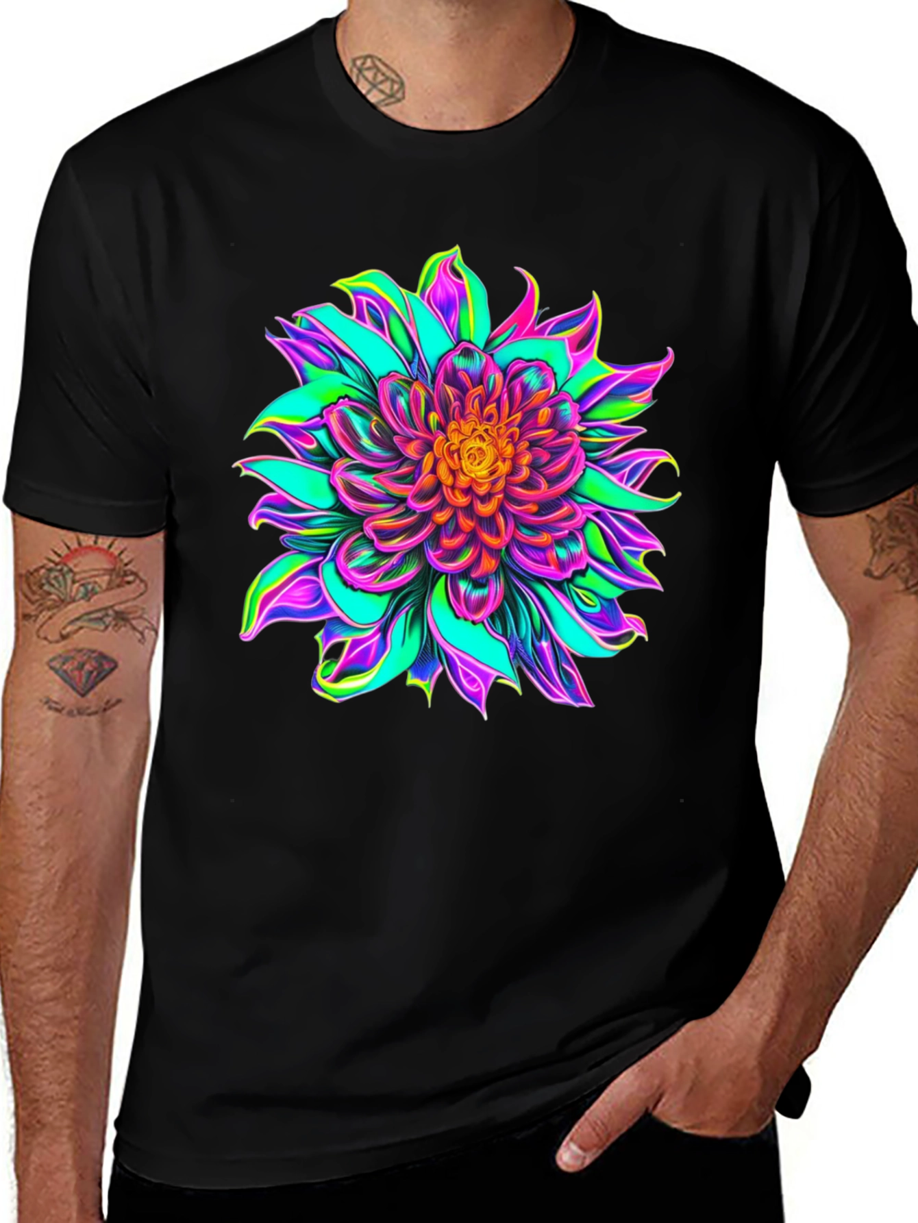 Vibrant Floral Graphic Black T-Shirt