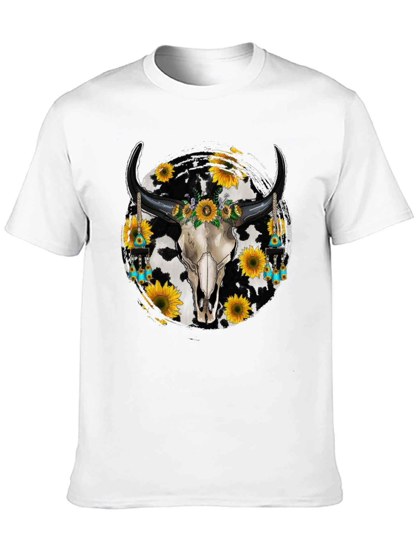 Cow Skull Sunflower Graphic Tee - Western Style