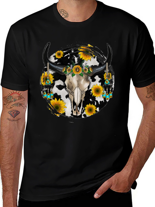 Cow Skull Sunflower Graphic Tee - Western Style