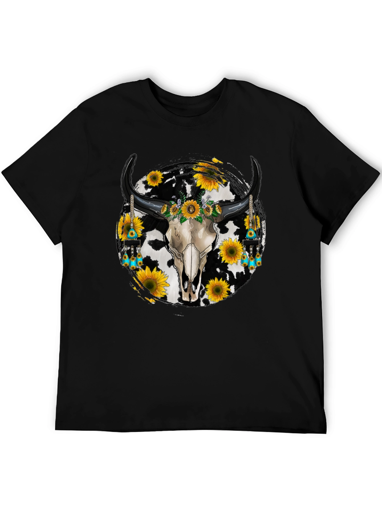 Cow Skull Sunflower Graphic Tee - Western Style