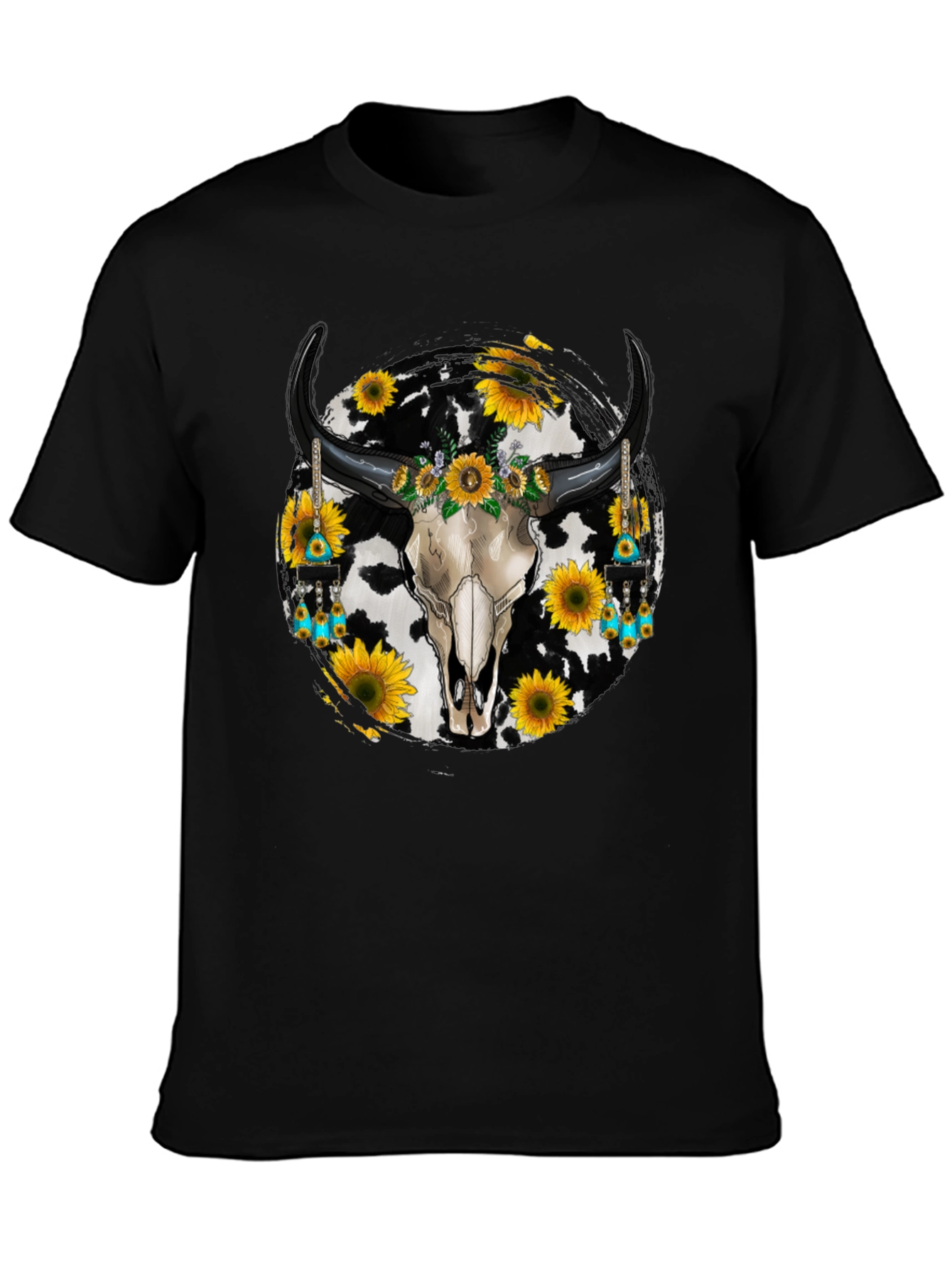 Cow Skull Sunflower Graphic Tee - Western Style