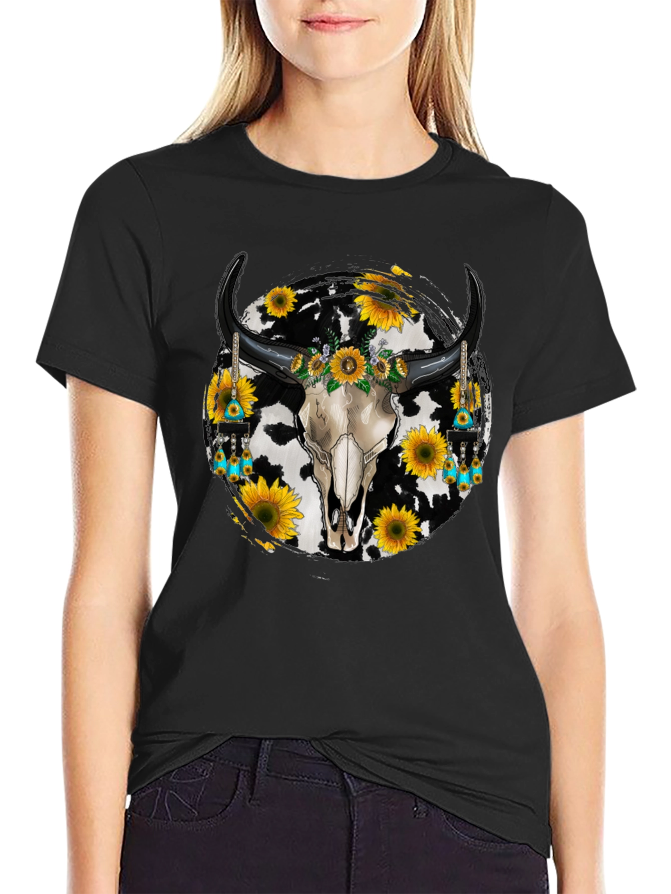Cow Skull Sunflower Graphic Tee - Western Style