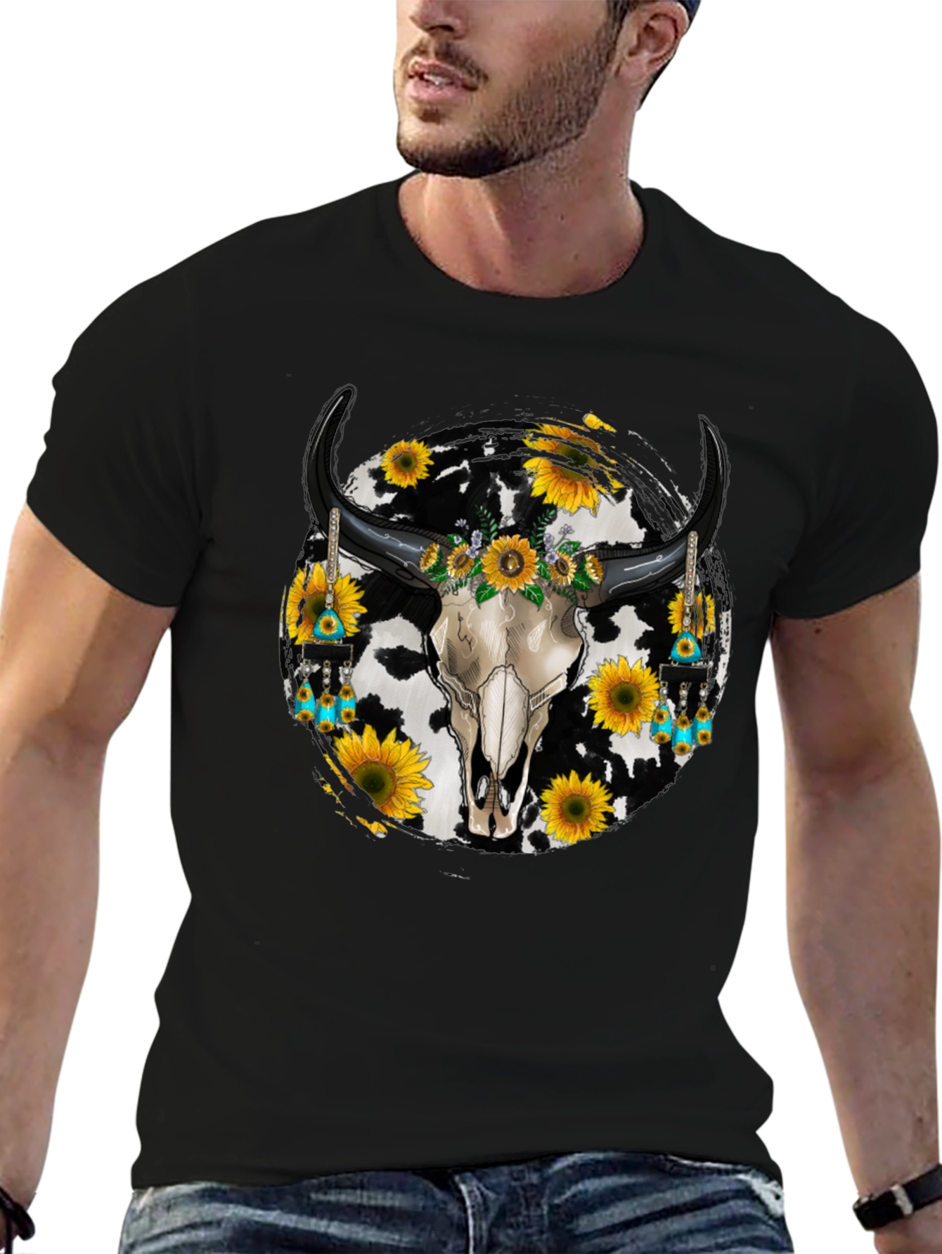 Cow Skull Sunflower Graphic Tee - Western Style