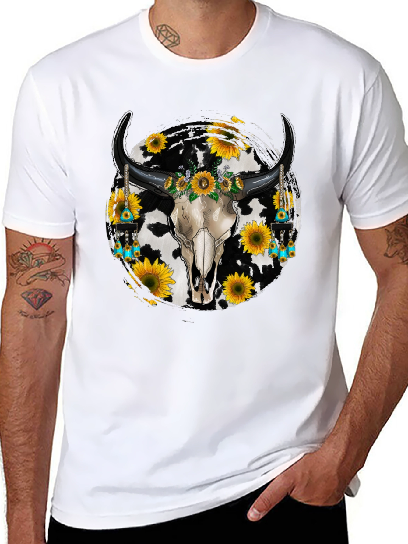 Cow Skull Sunflower Graphic Tee - Western Style