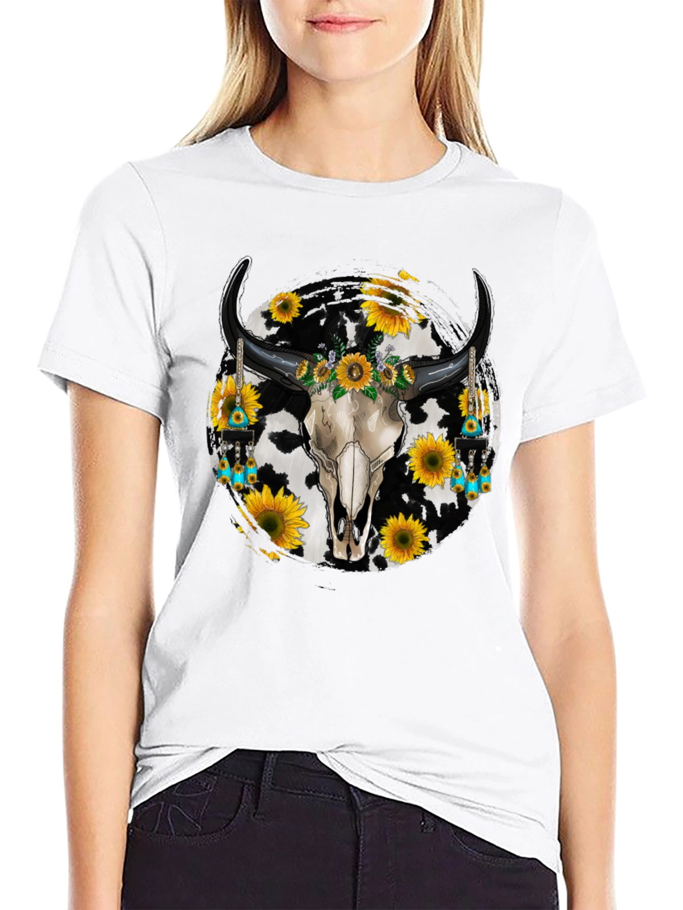Cow Skull Sunflower Graphic Tee - Western Style