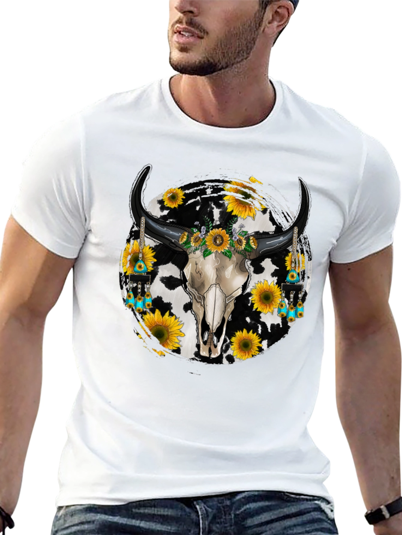 Cow Skull Sunflower Graphic Tee - Western Style