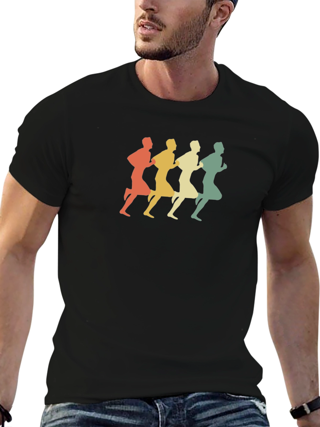 Retro Runner Graphic Tee - Black Cotton Blend T-Shirt