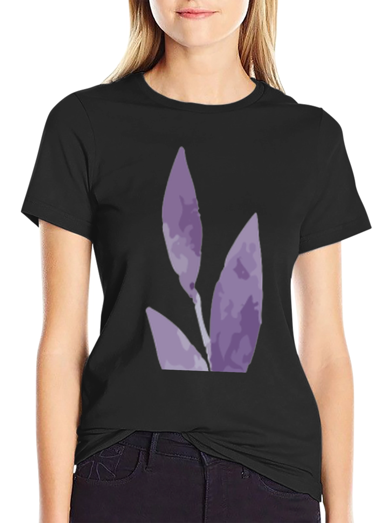 Black T-Shirt with Abstract Purple Floral Design